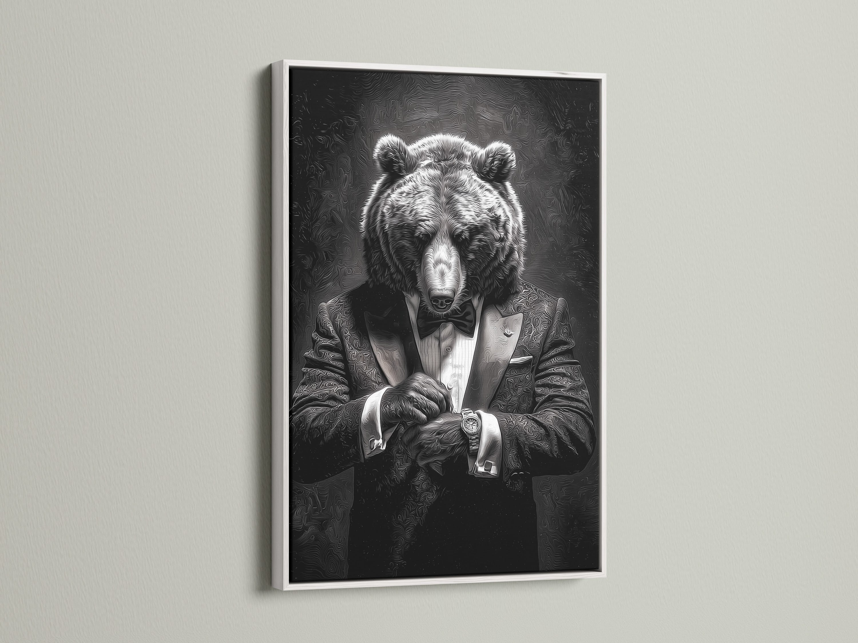An artwork featuring a bear in a tuxedo is beautifully showcased in a white frame. The art is displayed against a clean white backdrop. A white frame offers a fresh and modern look. It brightens up any room. Explore our selection of white framed art to add a touch of elegance to your home.
