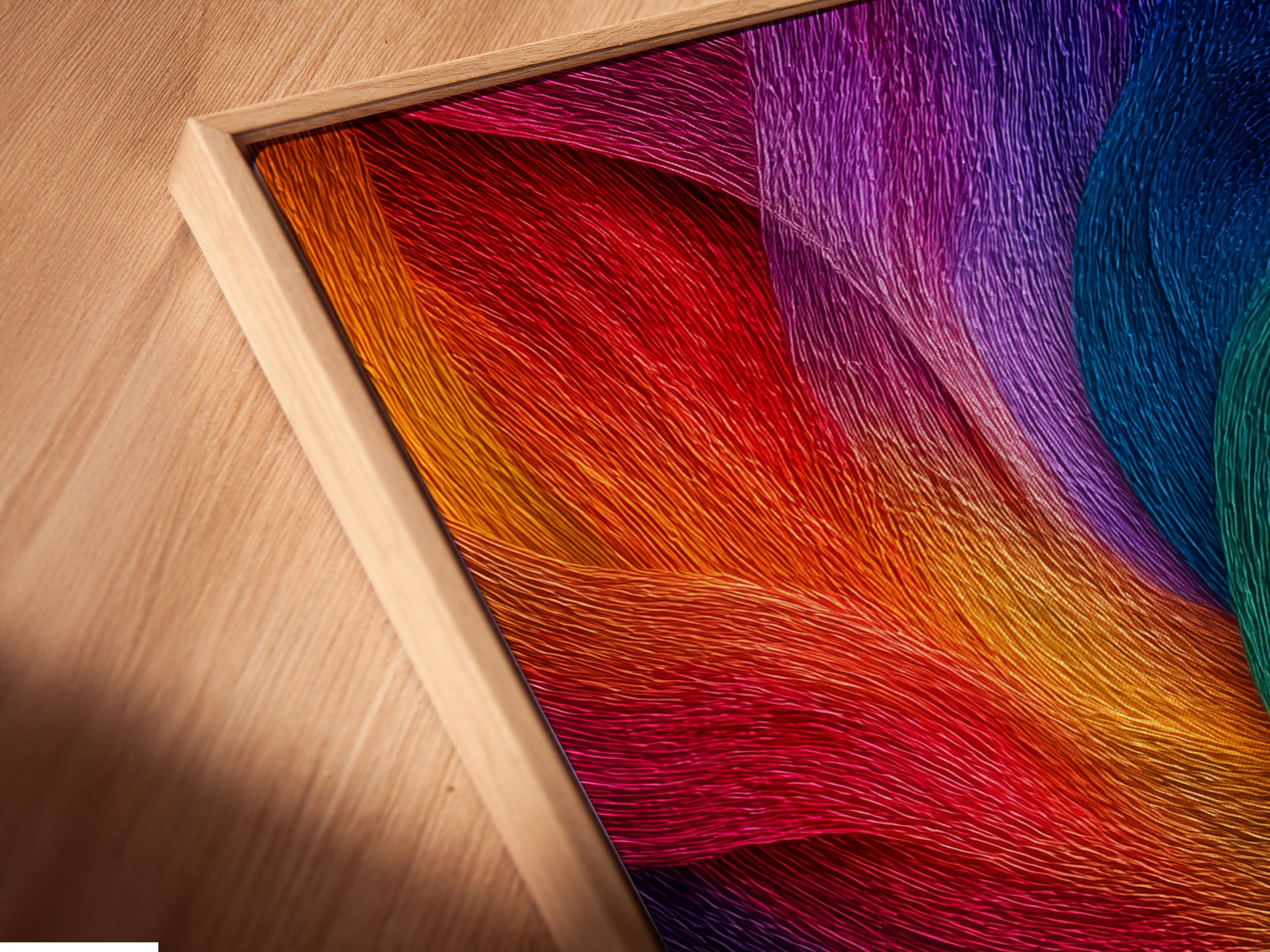 A close-up angled view reveals a canvas print in a floating frame. The frame creates a unique shadow. The floating effect adds depth and dimension. The canvas print showcases intricate details and vibrant colors. This framing style enhances the artwork's overall presentation. A modern way to showcase art.