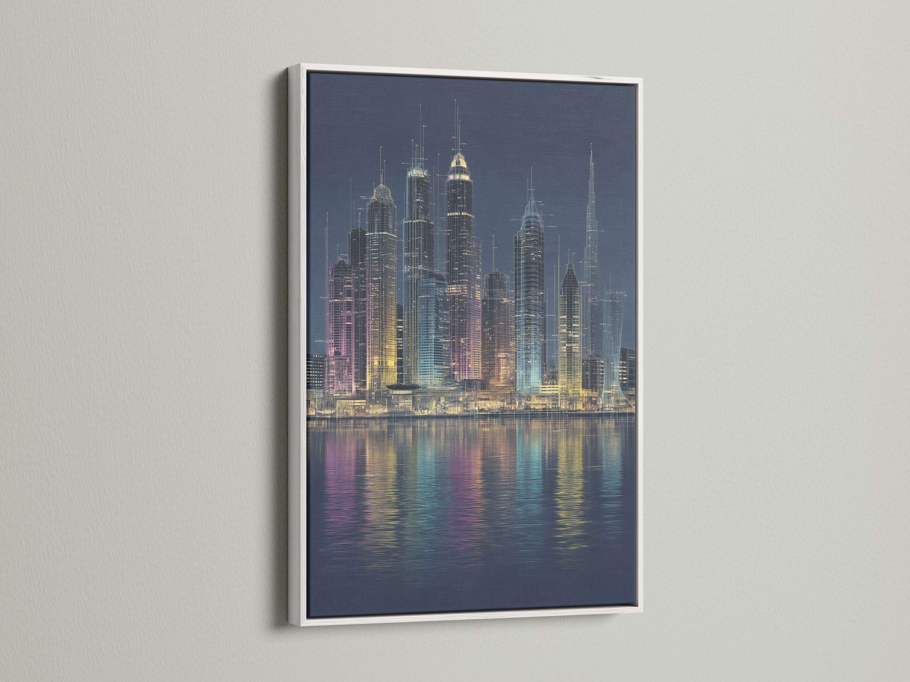 A vibrant city skyline artwork in a sleek white frame. The cityscape print showcases a stunning urban reflection. The white frame enhances the modern aesthetic. Perfect for contemporary office wall art or living room art. Add a touch of urban elegance to your home or workspace. This artwork is ideal for minimalist interiors.