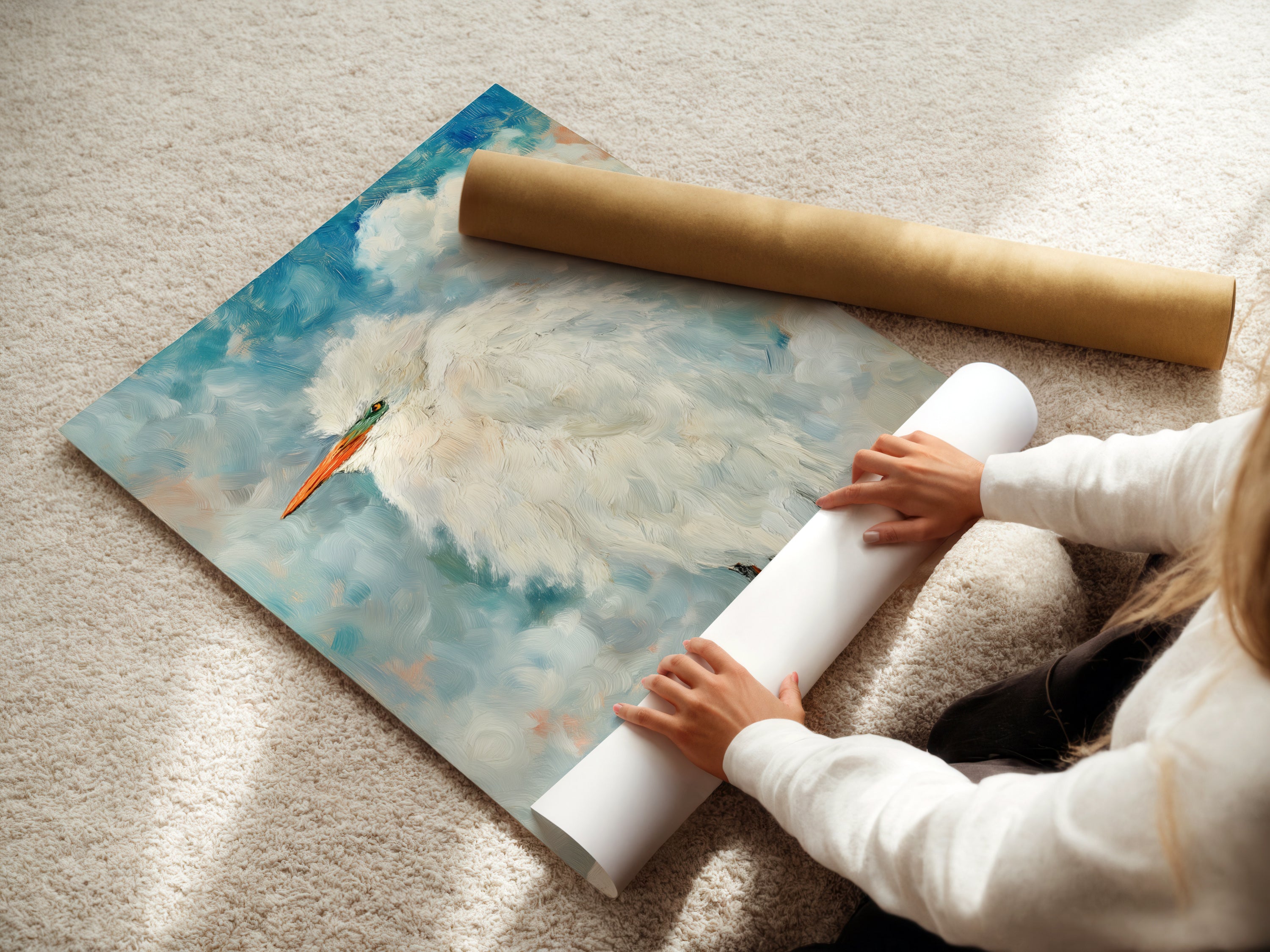 A woman rolls fine art poster paper. She is preparing a Heron bird painting print. Experience the quality of our coastal wall art. Get your serene art ready for display