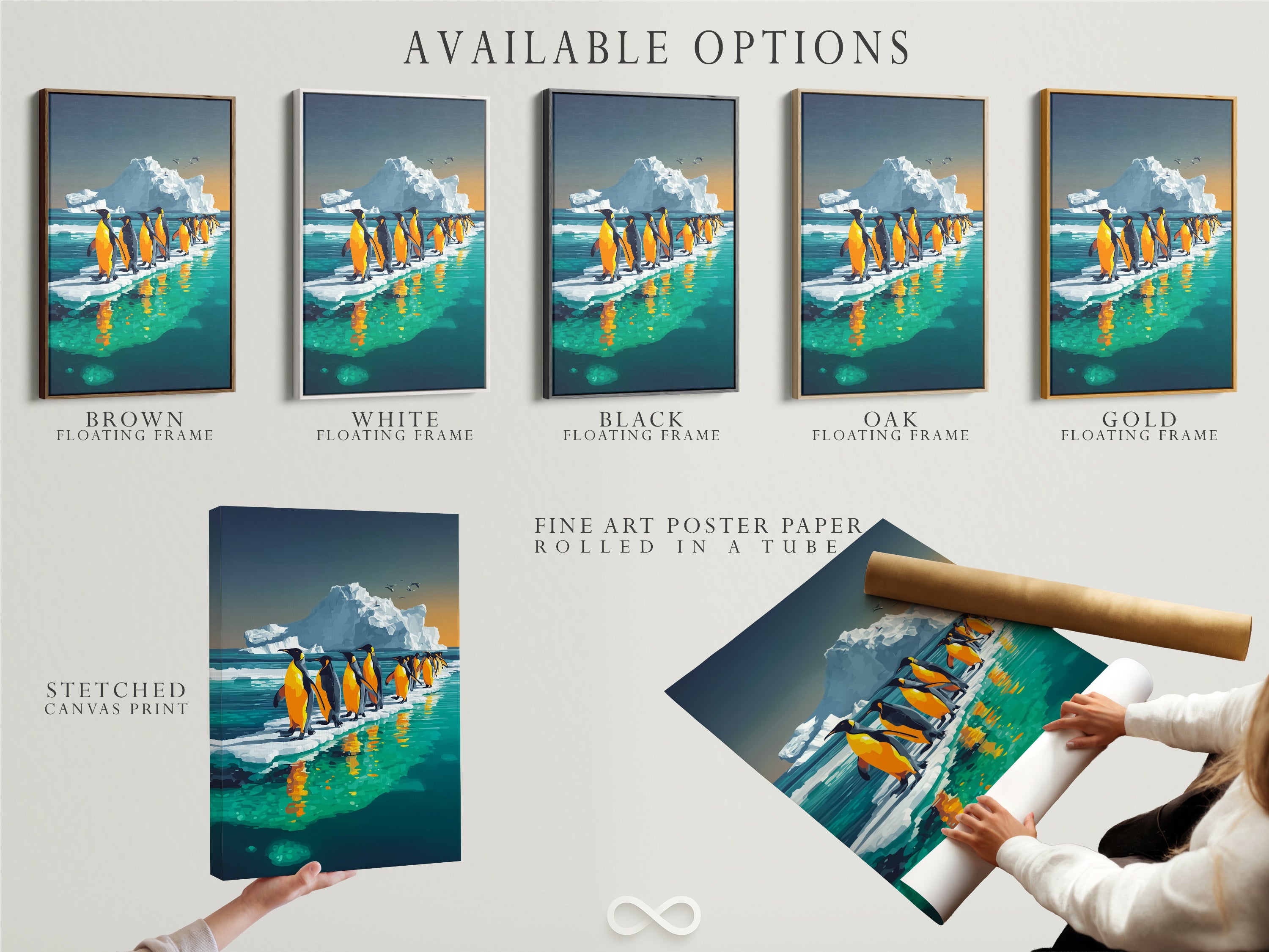 Available options for this artwork include a stretched canvas print a fine art poster paper and a floating frame. The penguin arctic canvas print offers versatile display choices. Bring this wildlife art print into your home today. This artwork is perfect for any room