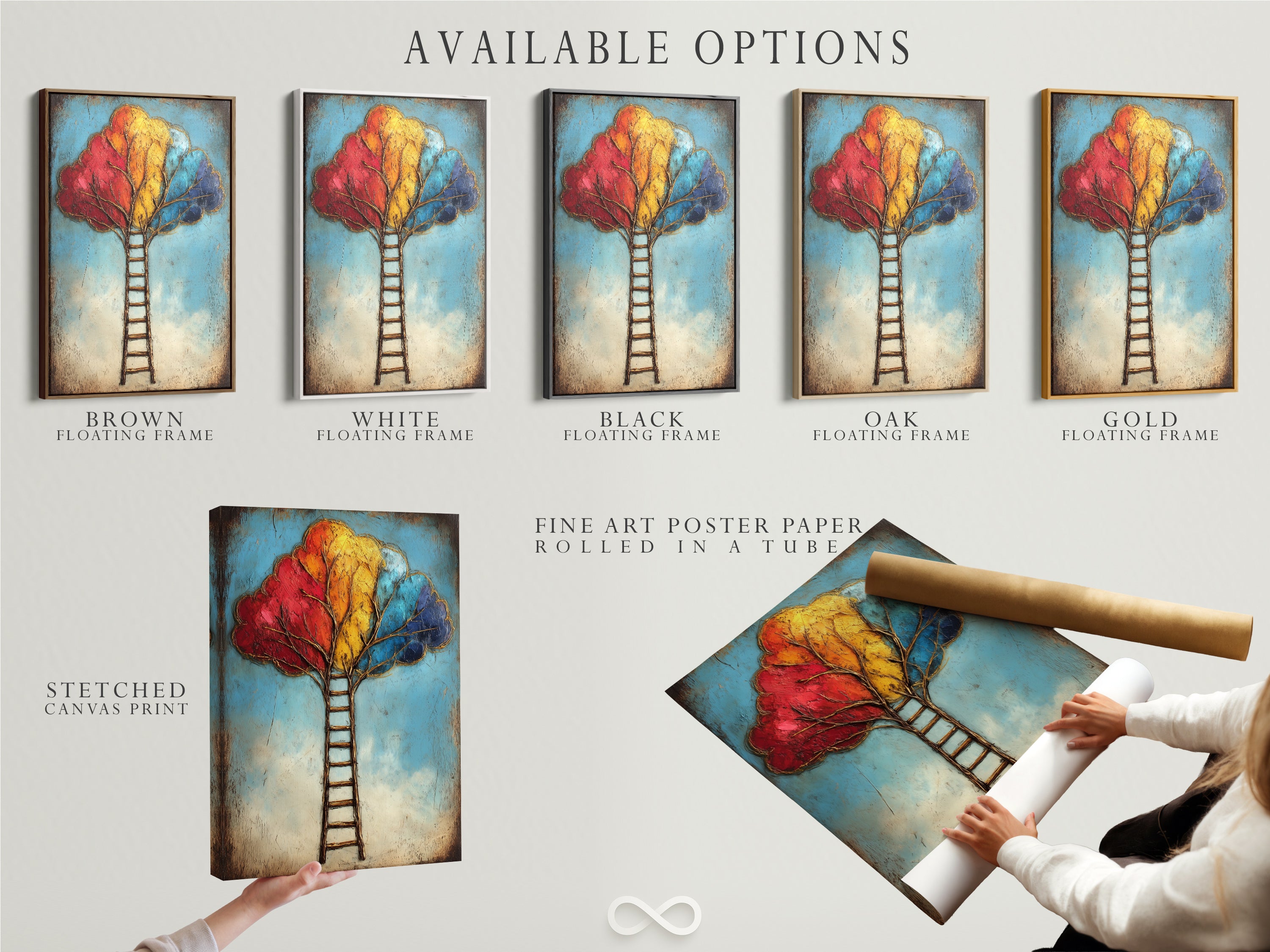 Available options include a stretched canvas print fine art poster paper and floating frame. Select the perfect format for the Colorful Ladder Tree Art. This inspirational artwork suits any style. Enhance your home or office with this modern piece.