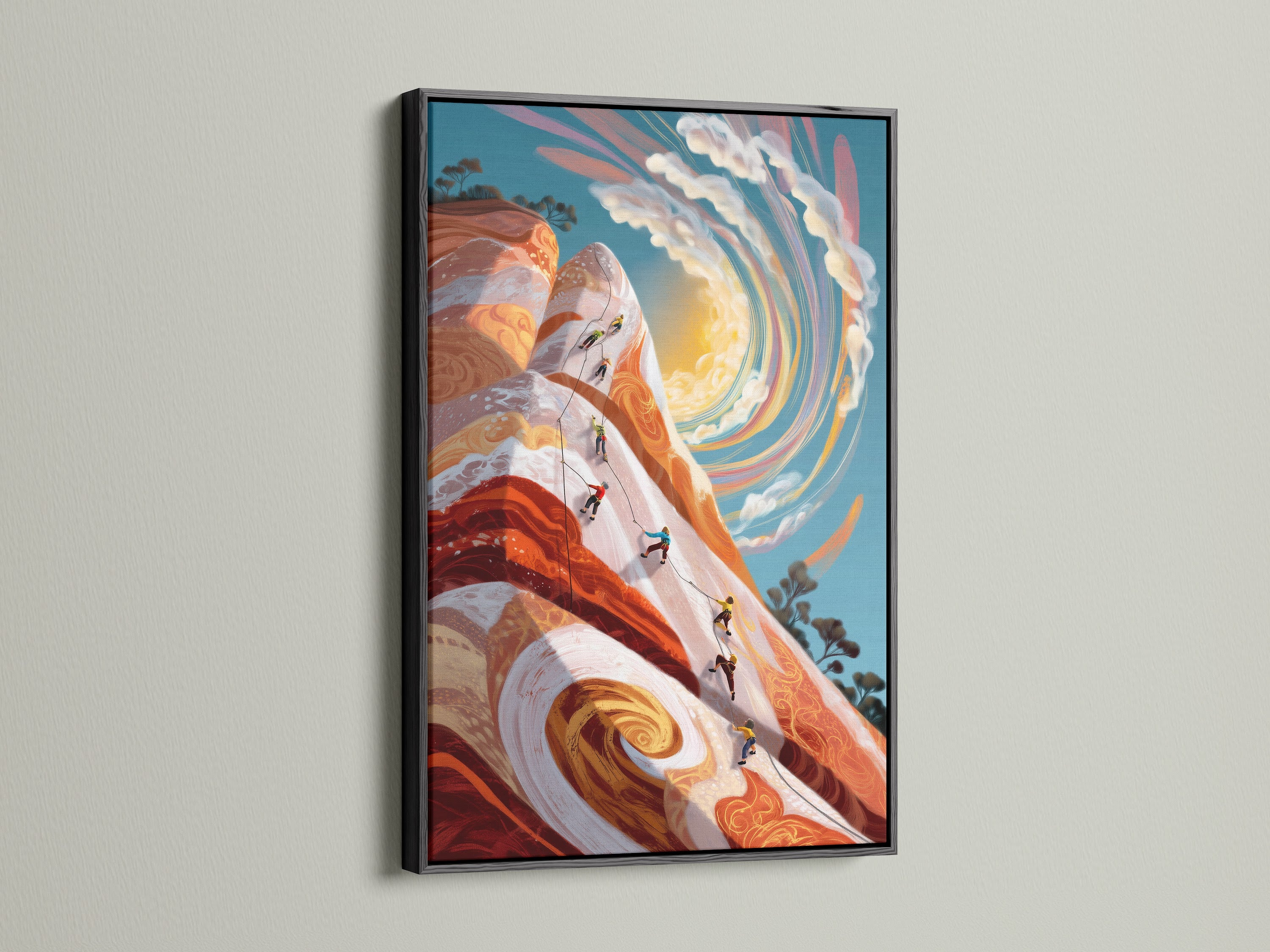 Framed in black this mountain climbing artwork is modern and bold. The sporty wall art is ideal for a man cave or fitness center. It serves as great adventure decor. The artwork depicts climbers scaling a mountain with dynamic orange and blue features.