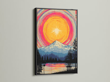 Mountain lake artwork presented in a sleek black frame. The Japanese print adds a touch of elegance to any room. The colorful wall art is ideal for bedroom decor. This nature canvas enhances your living space with a modern style.