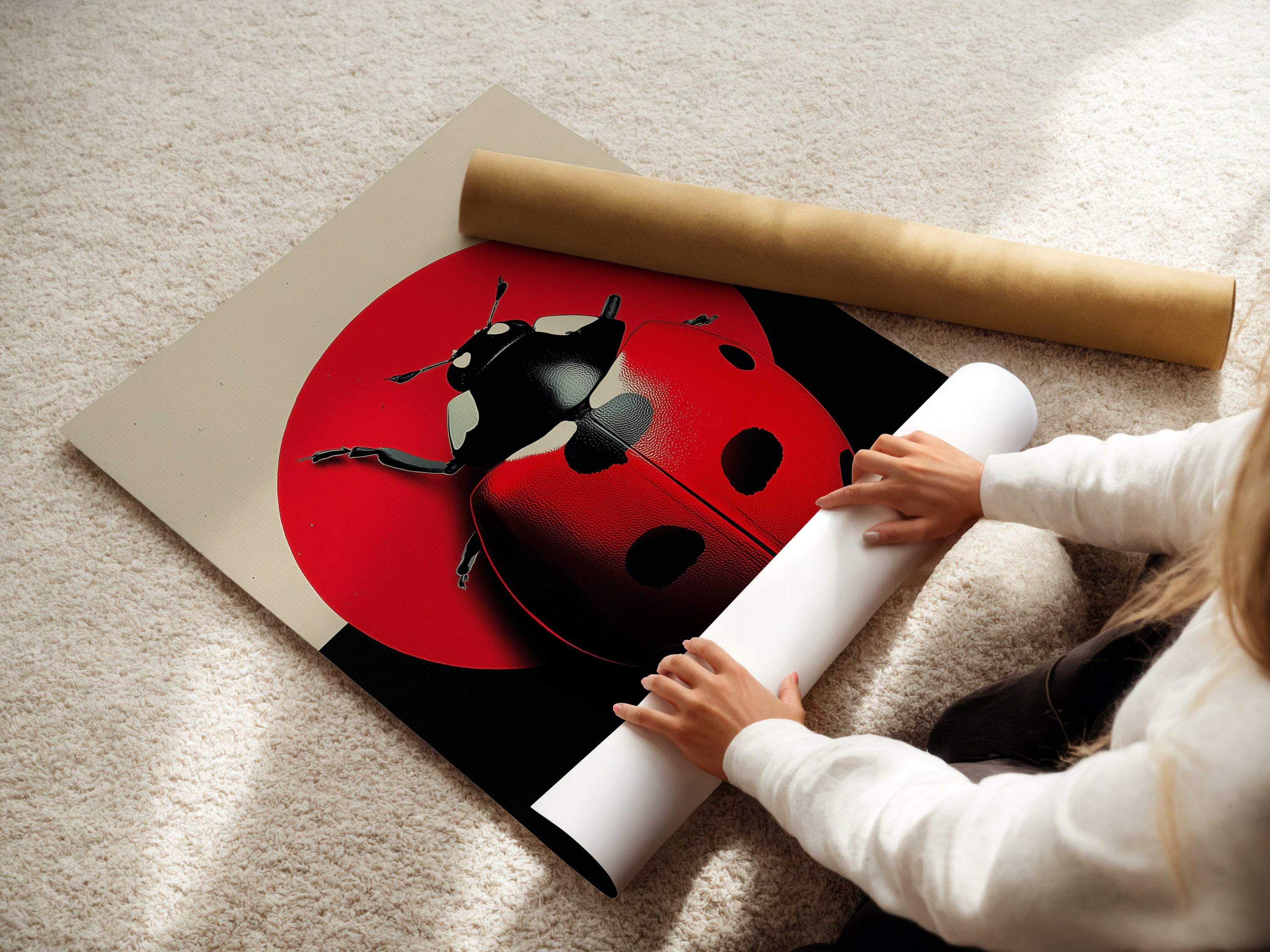 Woman carefully rolling a fine art poster paper. She is preparing a ladybug art print. This red insect wall decor is perfect for a modern playroom. The beetle canvas art adds a playful touch. A unique gift for entomologists. Discover nature illustrations and bug artwork.