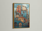 Gold frame artwork. This artwork features a stack of buildings with bridges and stairs. The art is framed in a luxurious gold frame. This wall art brings color and architectural interest to any room. Add a touch of sophistication to your living space.