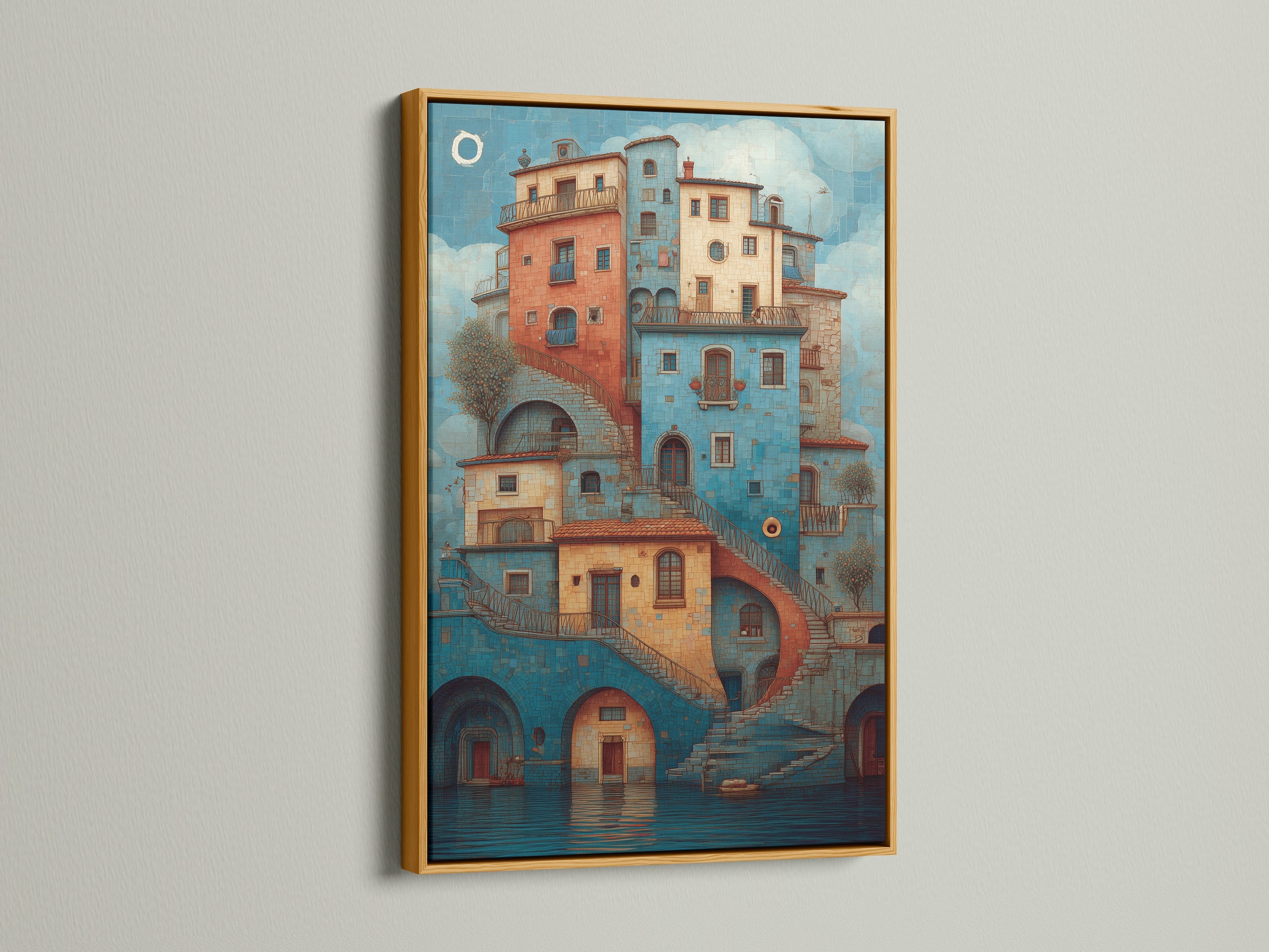 Gold frame artwork. This artwork features a stack of buildings with bridges and stairs. The art is framed in a luxurious gold frame. This wall art brings color and architectural interest to any room. Add a touch of sophistication to your living space.