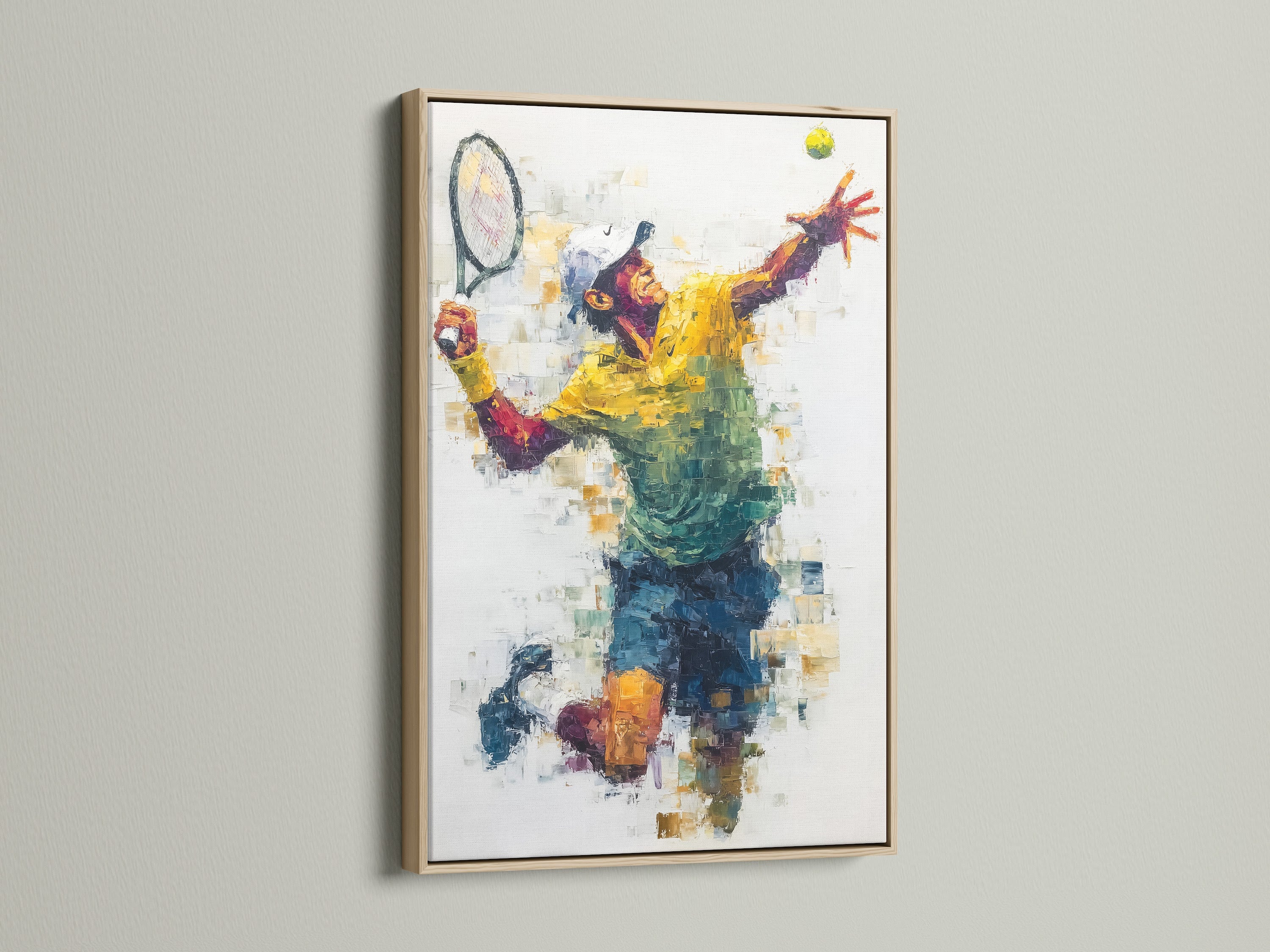 Elevate your space with the Tennis Player Canvas Print featuring a light oak frame. This sports canvas print brings a touch of contemporary style to any room. It is perfect tennis wall art for adding color and energy. Explore abstract sports art for athletic wall decor.