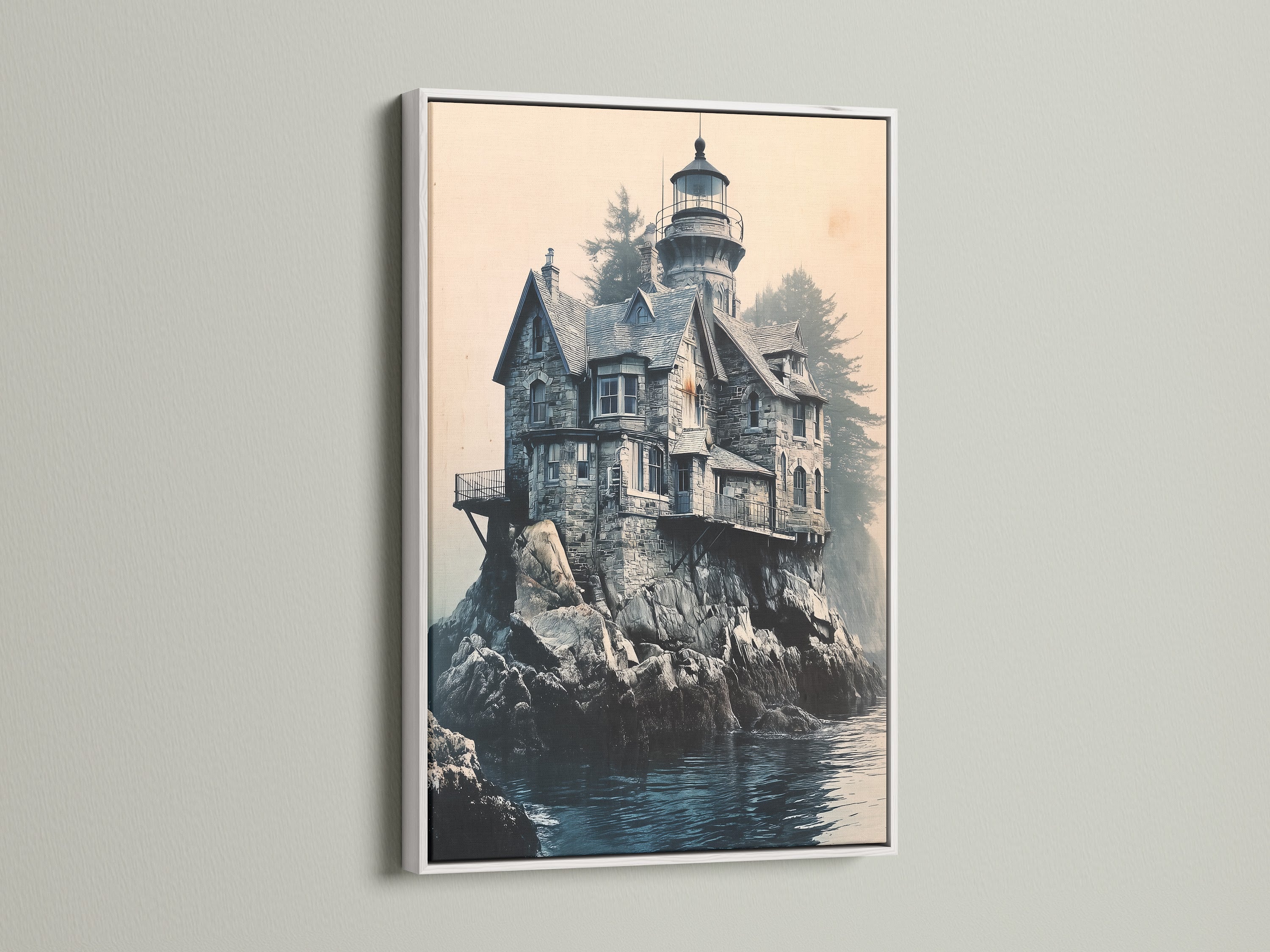 The Lighthouse Canvas Print is showcased in a white frame. This coastal artwork brings an ocean view into your space. The white frame enhances the artwork. It is ideal for minimalist or Scandinavian styles.