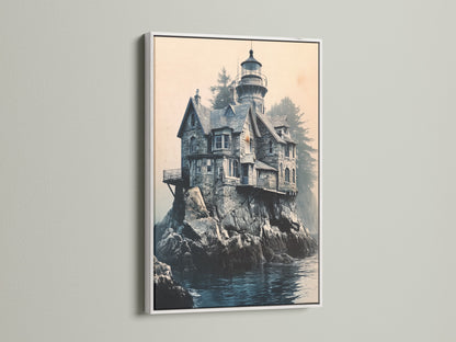 The Lighthouse Canvas Print is showcased in a white frame. This coastal artwork brings an ocean view into your space. The white frame enhances the artwork. It is ideal for minimalist or Scandinavian styles.