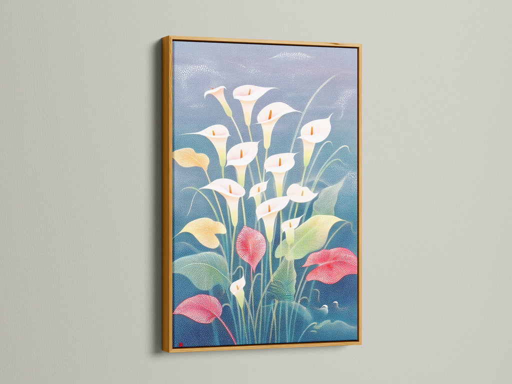 A Calla Lily floral canvas print is displayed in a gold frame. This botanical artwork is perfect for spring decor. The modern wall art is ideal for a bedroom. The lily artwork enhances a modern aesthetic.