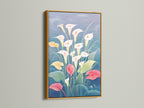 A Calla Lily floral canvas print is displayed in a gold frame. This botanical artwork is perfect for spring decor. The modern wall art is ideal for a bedroom. The lily artwork enhances a modern aesthetic.