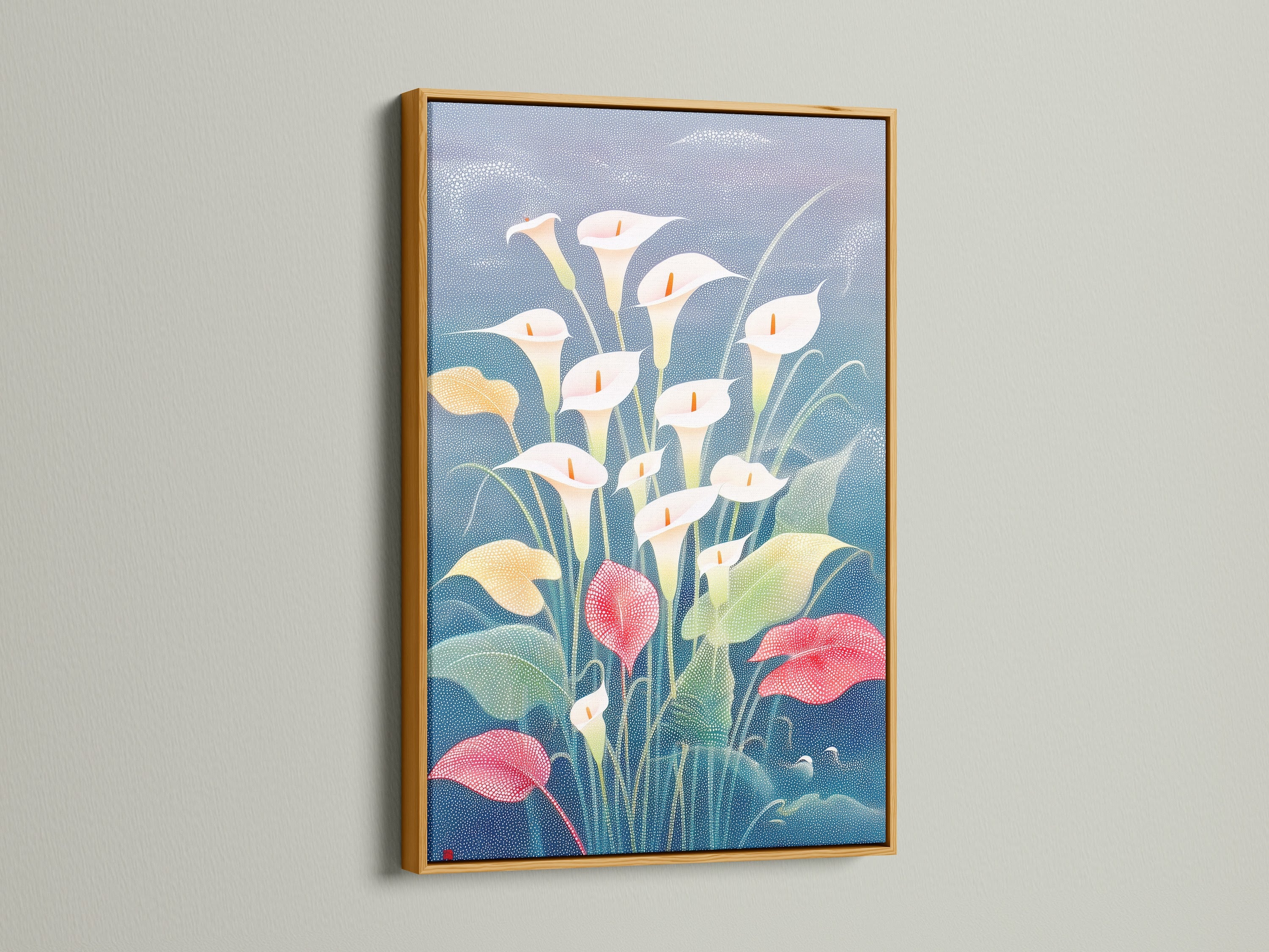 A Calla Lily floral canvas print is displayed in a gold frame. This botanical artwork is perfect for spring decor. The modern wall art is ideal for a bedroom. The lily artwork enhances a modern aesthetic.
