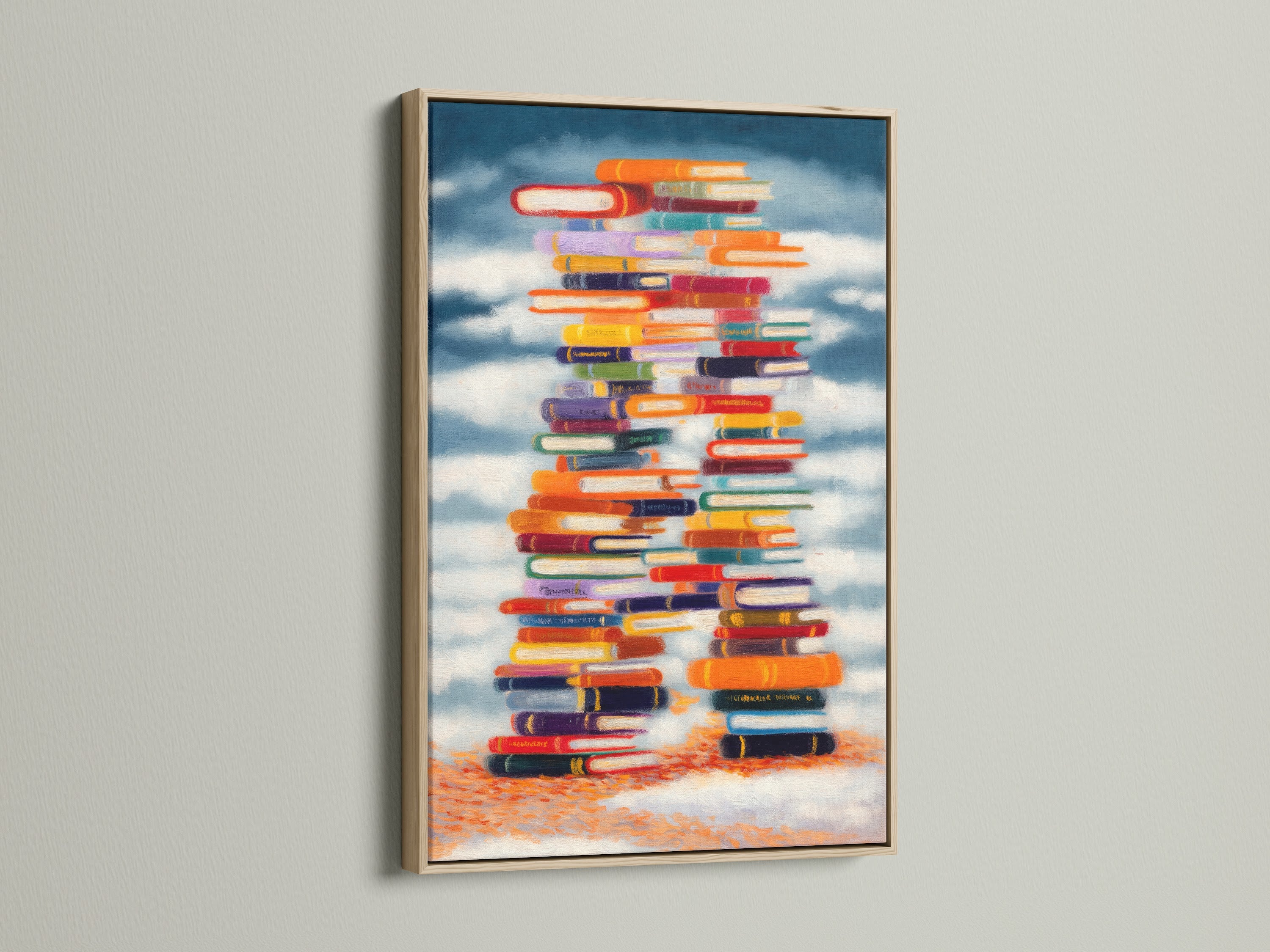 A vibrant Stacked Books Canvas Print displayed in an oak frame. Ideal vintage style artwork for a library or study room. The oak frame enhances the colorful book art beautifully.