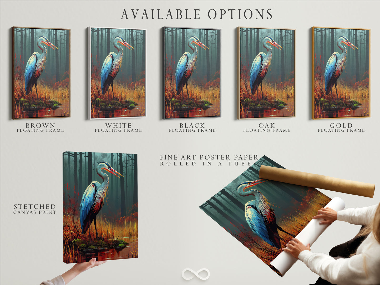 Explore available options for heron artwork. Choose from stretched canvas prints fine art poster paper or floating frames. Teal and orange bird art brings nature indoors. Perfect for modern coastal and eclectic decor styles. Find the ideal heron decor for your space today.