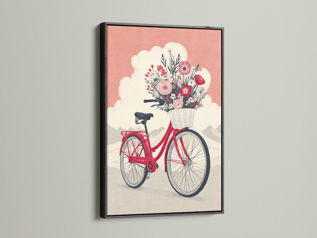 Vintage bicycle art presented in a sleek black frame. The coral pink floral bike wall art is a stylish statement. This botanical poster complements modern spaces. The whimsical bike artwork is perfect for a living room. Enhance your wall decor today.