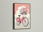 Vintage bicycle art presented in a sleek black frame. The coral pink floral bike wall art is a stylish statement. This botanical poster complements modern spaces. The whimsical bike artwork is perfect for a living room. Enhance your wall decor today.