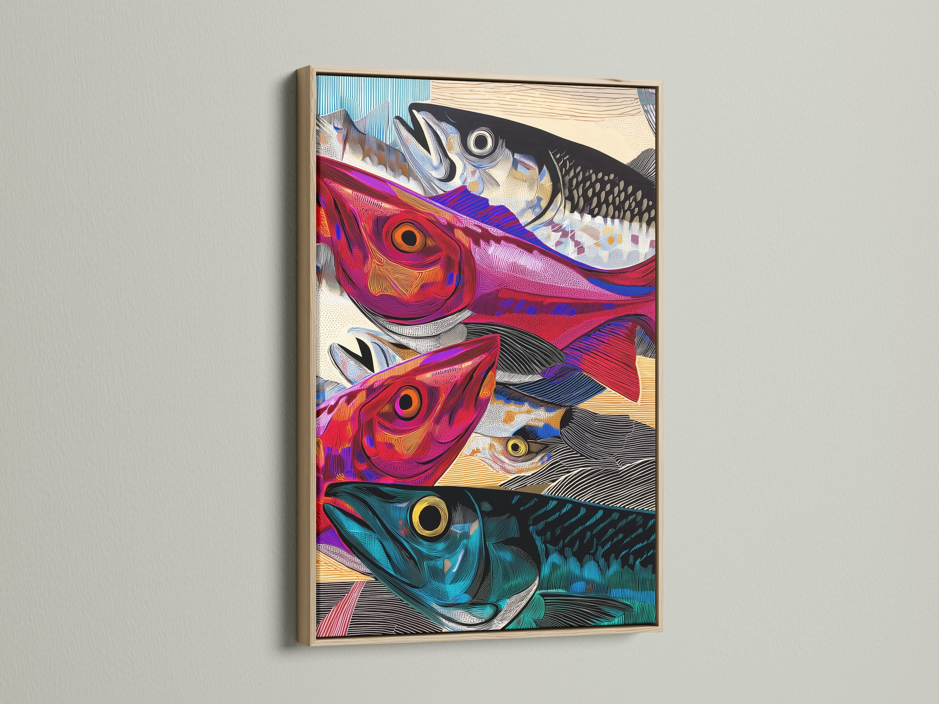 View of a colorful fish art print in an oak frame. The frame complements the contemporary artwork. It enhances the sea life artwork's visual appeal. Ideal nautical wall decor for coastal or eclectic styles.