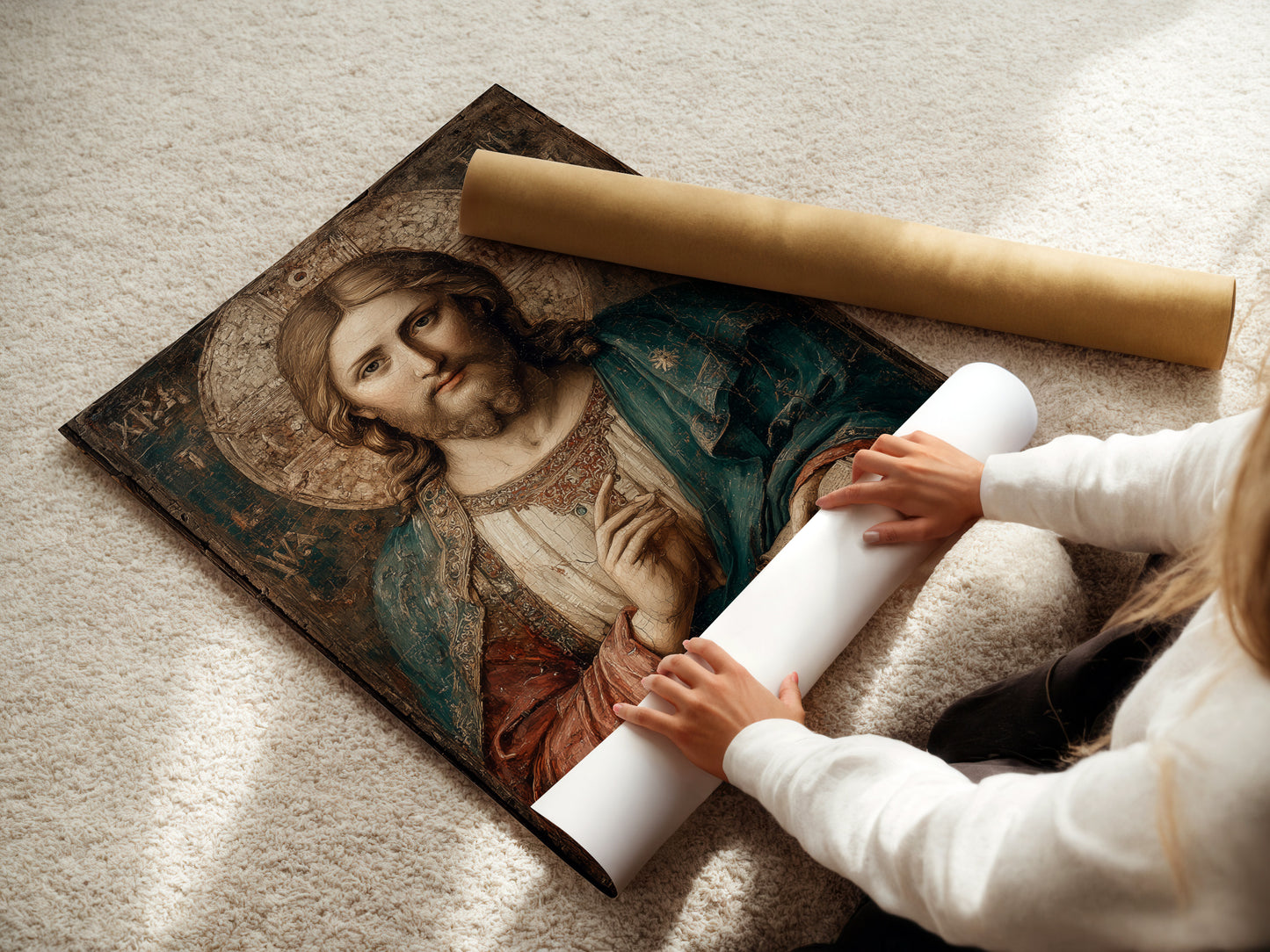 A woman is carefully rolling fine art poster paper. High-quality paper ensures your art looks its best. Proper handling prevents damage. Get your fine art prints on premium poster paper. Explore our paper options now.