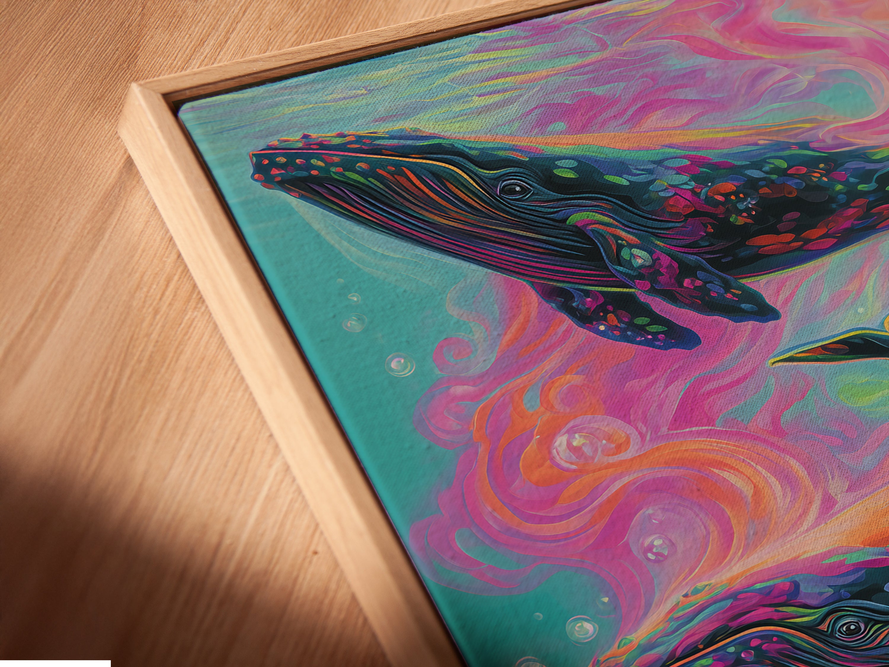 A close-up angled view of a canvas print featuring psychedelic ocean artwork with colorful whales. The artwork is displayed in a floating frame. Perfect for adding a splash of color and whimsy to your walls. Ideal for bohemian and eclectic styles. A captivating piece for ocean and art enthusiasts.