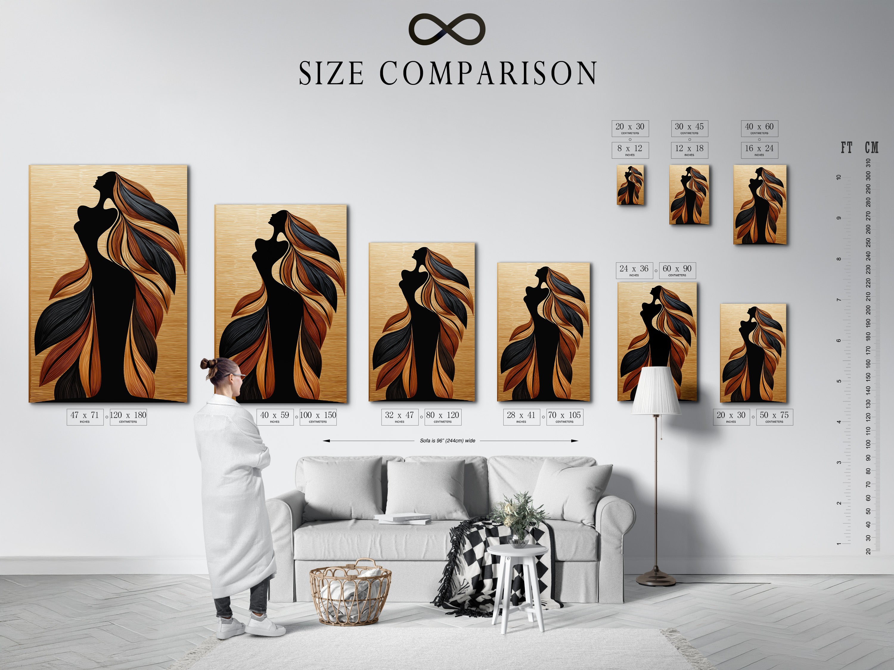 Size comparison chart in an interior setting. See how the woman silhouette artwork fits in your space. The flowing hair and bohemian figure art enhance the room. Visualize the perfect size for your wall decor. Ideal for planning your bohemian or modern art arrangement. This artwork is ideal for minimalist and contemporary settings.