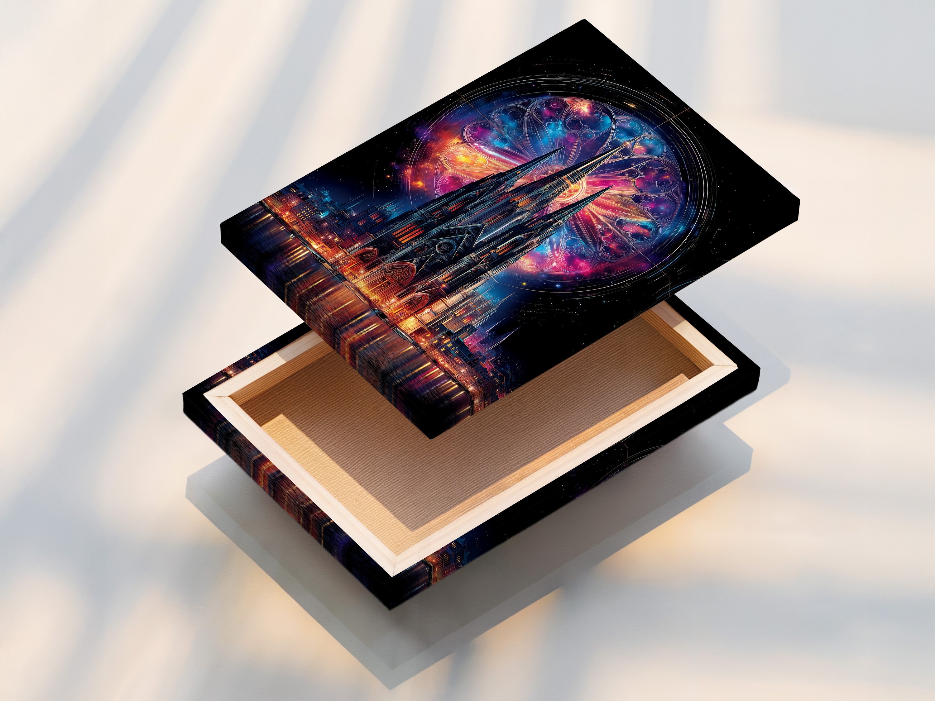 A stretched canvas print featuring gothic cathedral artwork. The cosmic stained glass creates a mystical ambiance. Fantasy architecture on canvas for your home or office. Elevate your space today.