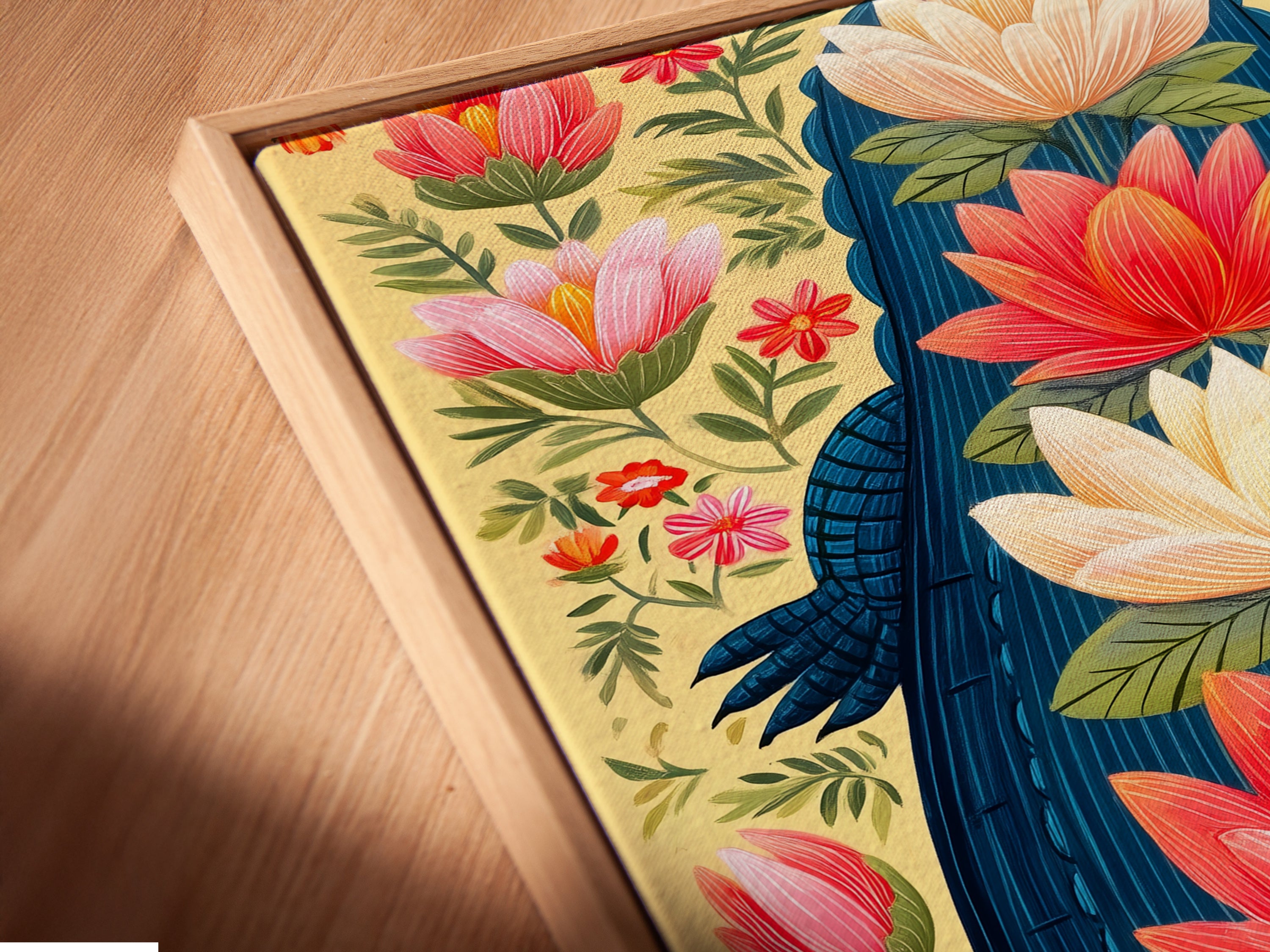 A close-up angled view of the Alligator Canvas Print in a floating frame. The botanical wall art showcases teal and coral colors. This modern exotic decor enhances any space. Explore the unique depth and dimension of the floating frame adding sophistication.