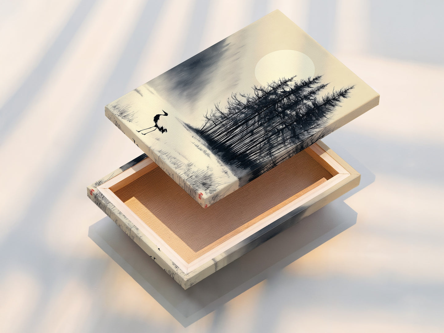 See a stretched canvas print of the crane Japanese ink wash art. The winter forest artwork is ready to hang and enjoy. This Asian art print brings a serene and calming presence to any room. Ideal for living rooms bedrooms and offices. Enhance your space with this timeless piece.