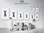 A size comparison chart displayed in an interior setting. The chart showcases the various sizes available for the Baby Zebra artwork. Helping you choose the perfect fit for your space. Options for nursery wall art and kids room decor.