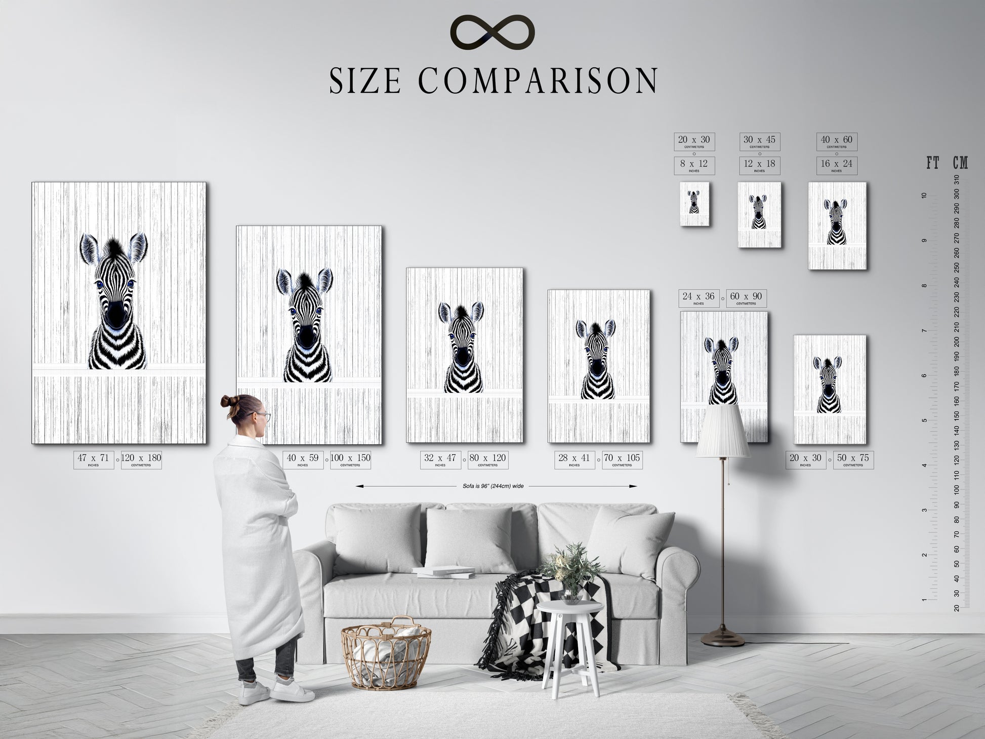 A size comparison chart displayed in an interior setting. The chart showcases the various sizes available for the Baby Zebra artwork. Helping you choose the perfect fit for your space. Options for nursery wall art and kids room decor.