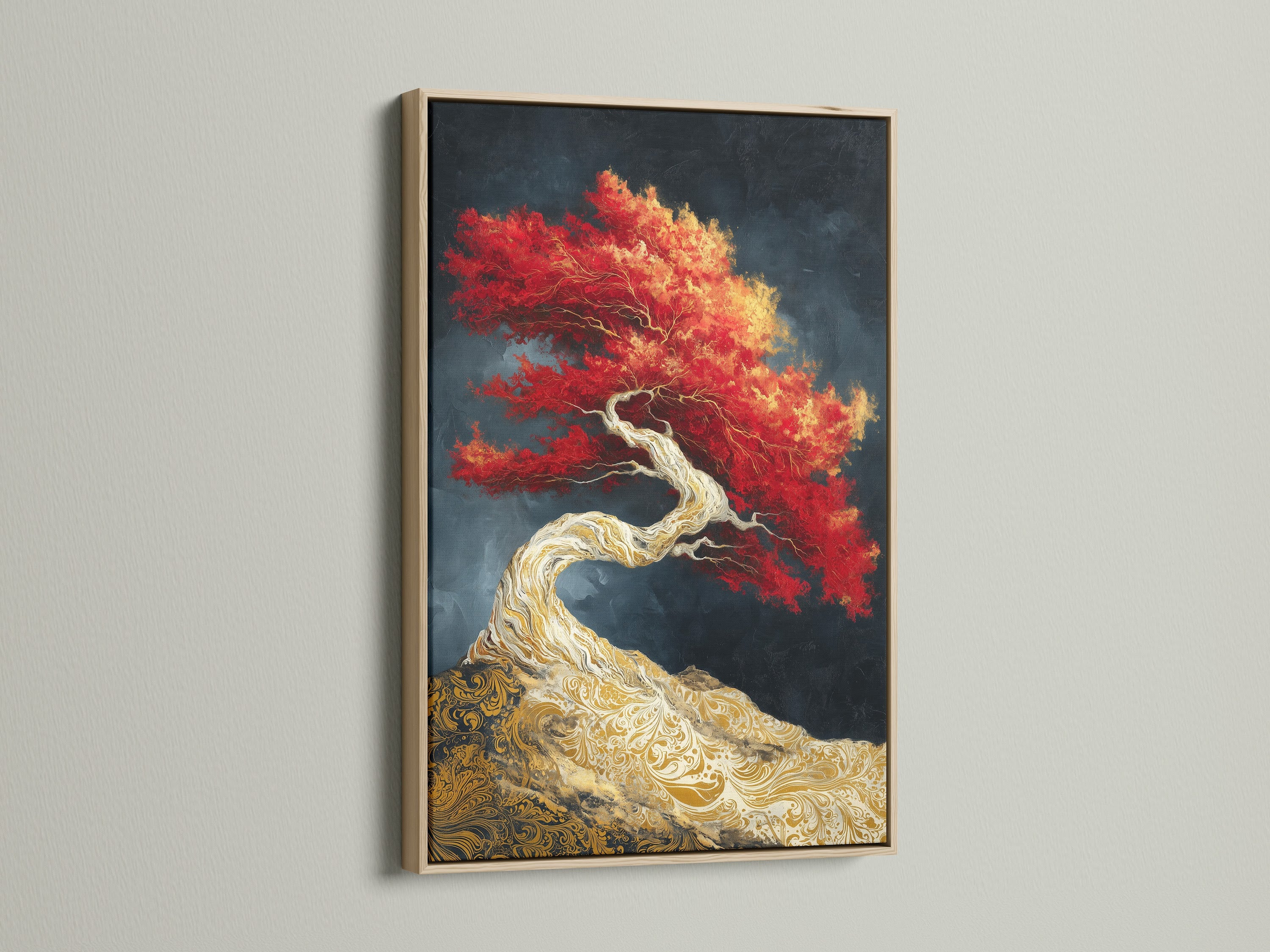A captivating red maple bonsai tree art print. This Asian Zen wall art is framed in a natural oak. The artwork enhances meditation rooms and office spaces. This zen canvas art brings an oriental touch to your home decor. A serene and stylish choice.