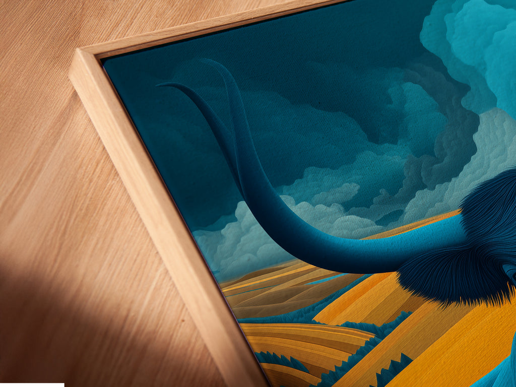 A close-up shot reveals the exquisite canvas print of the Majestic Bull in a floating frame. This modern piece appears to float. It adds depth and sophistication to your wall decor. The teal and amber tones create a captivating focal point.