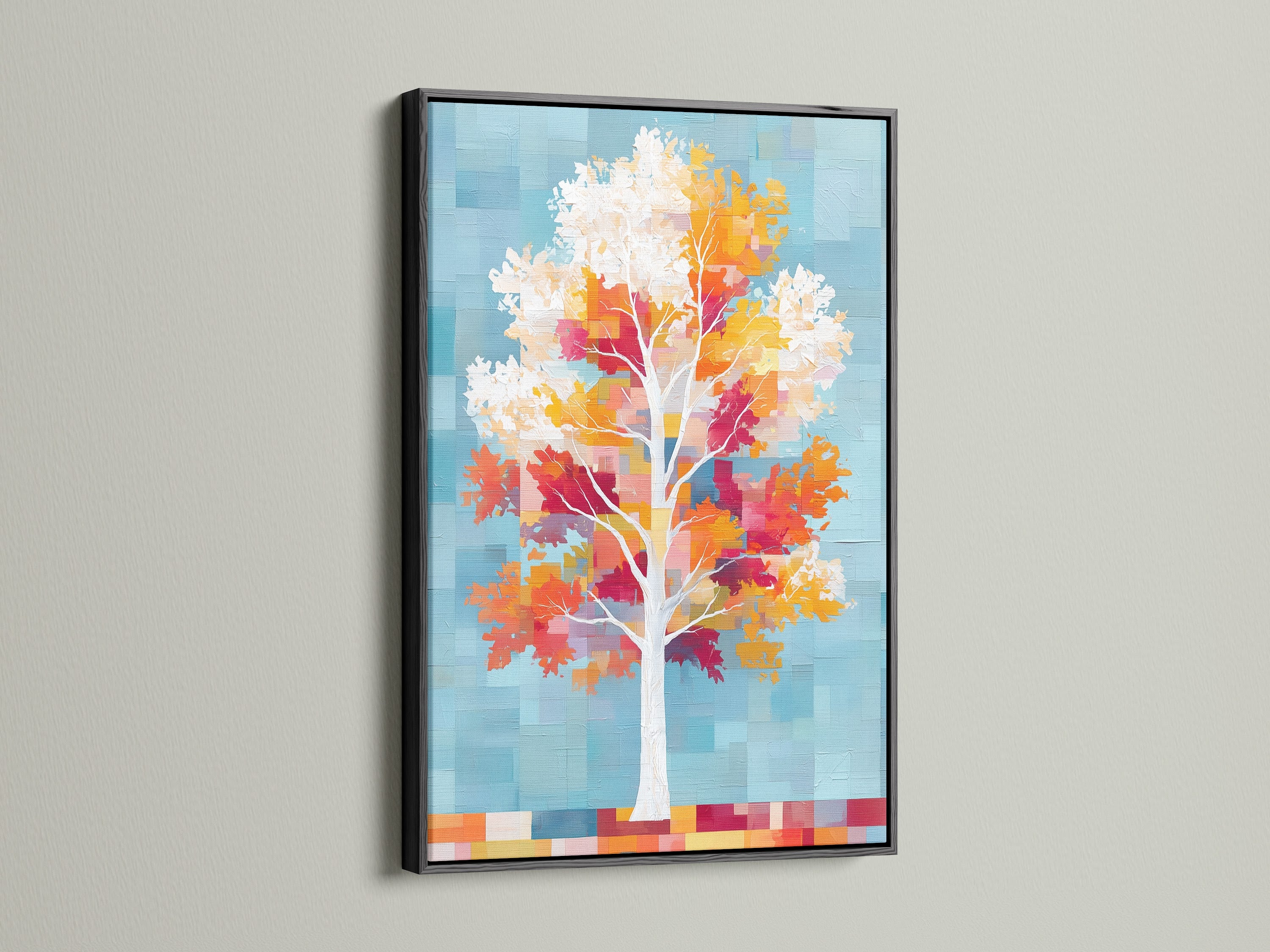A black frame encases the pixel art canvas. The colorful tree art print showcases autumn leaves. It provides a striking contrast. This nature wall art adds a contemporary feel. It is ideal for enhancing your living room or bedroom wall decor.