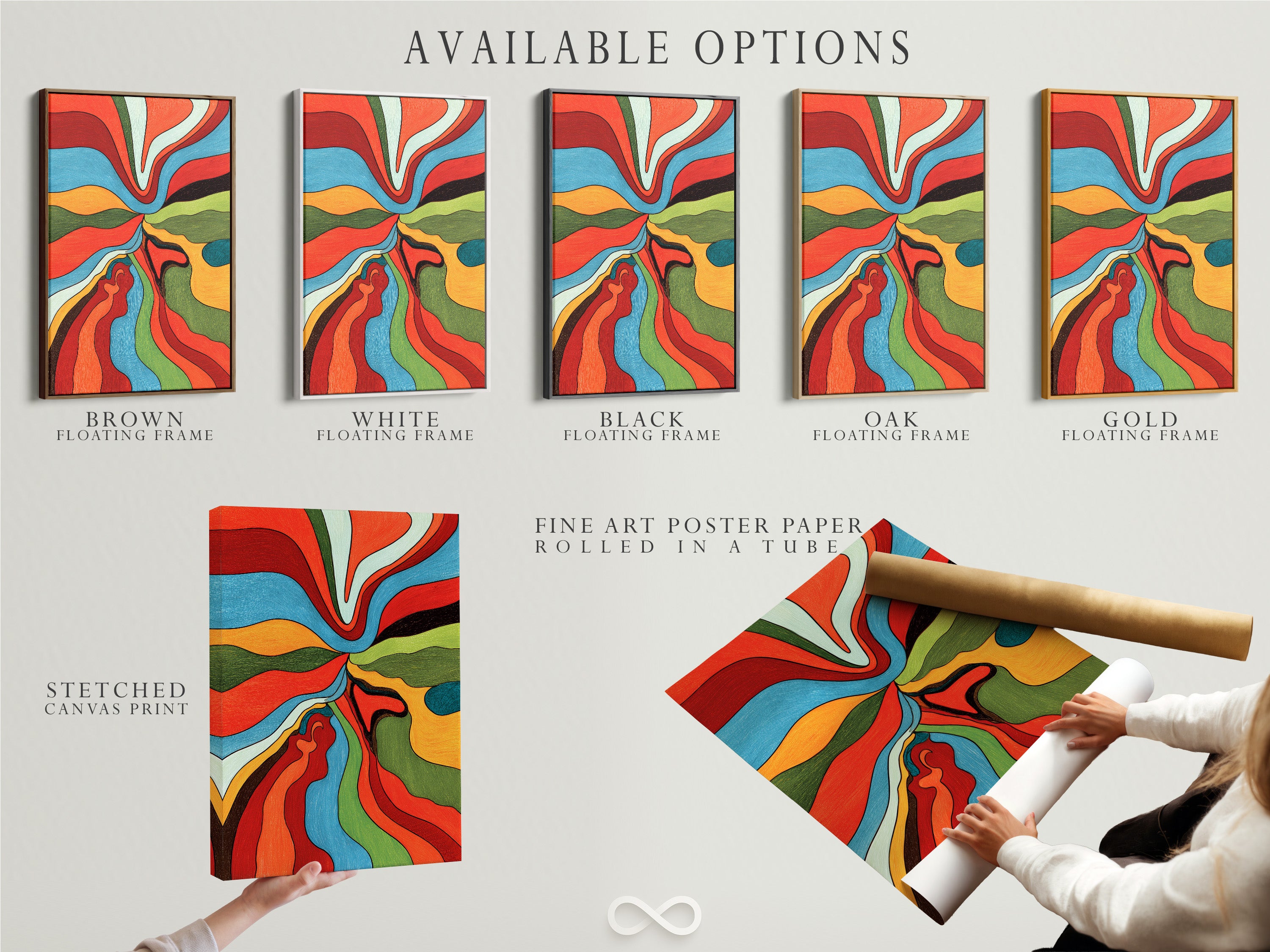 Here are available options: stretched canvas print fine art poster paper and floating frame. Customize your artwork to match your style. Explore our options and create a personalized masterpiece for your home. Order now.
