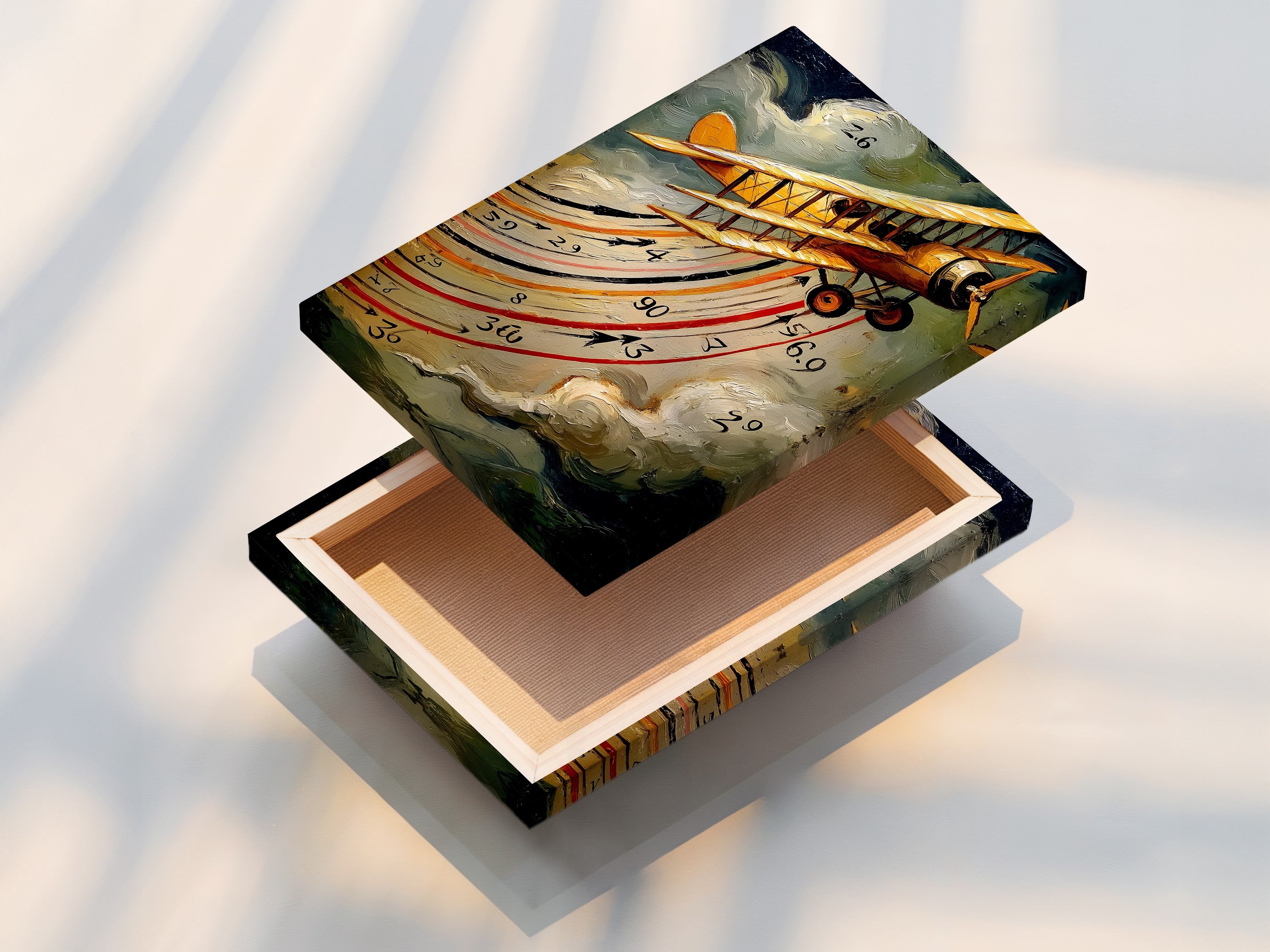 A stretched canvas print of a vintage airplane ready to hang. The biplane wall art brings a retro touch to any room. The stretched canvas ensures a clean and professional look. Perfect for homes offices and themed spaces. Enhance your decor with this aviation print.