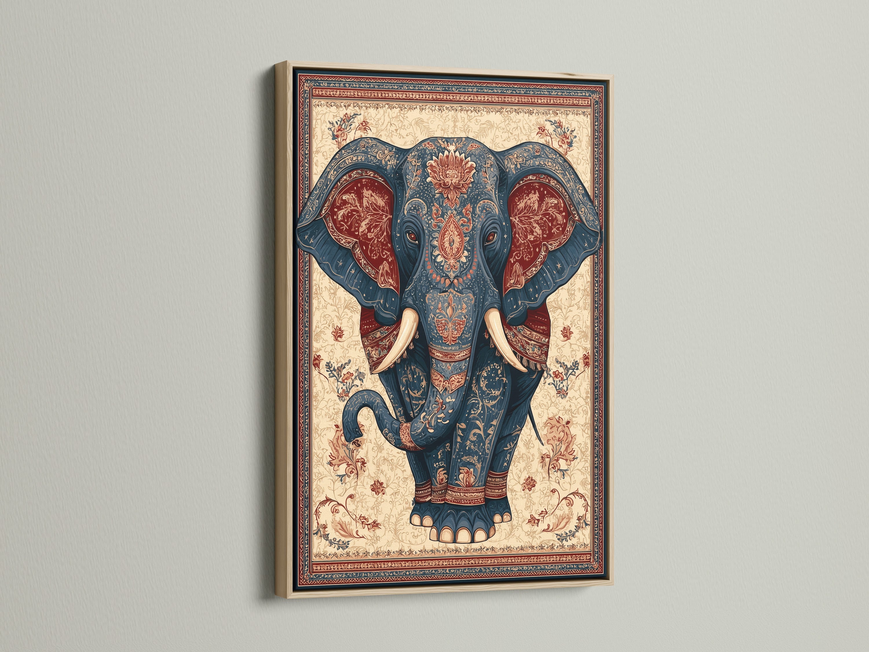 An oak frame beautifully showcases an elephant artwork. The natural wood grain of the oak adds warmth. The oak frame enhances the artwork's rustic charm. View the image to appreciate the oak frame's quality. Elevate your art with a timeless oak frame.