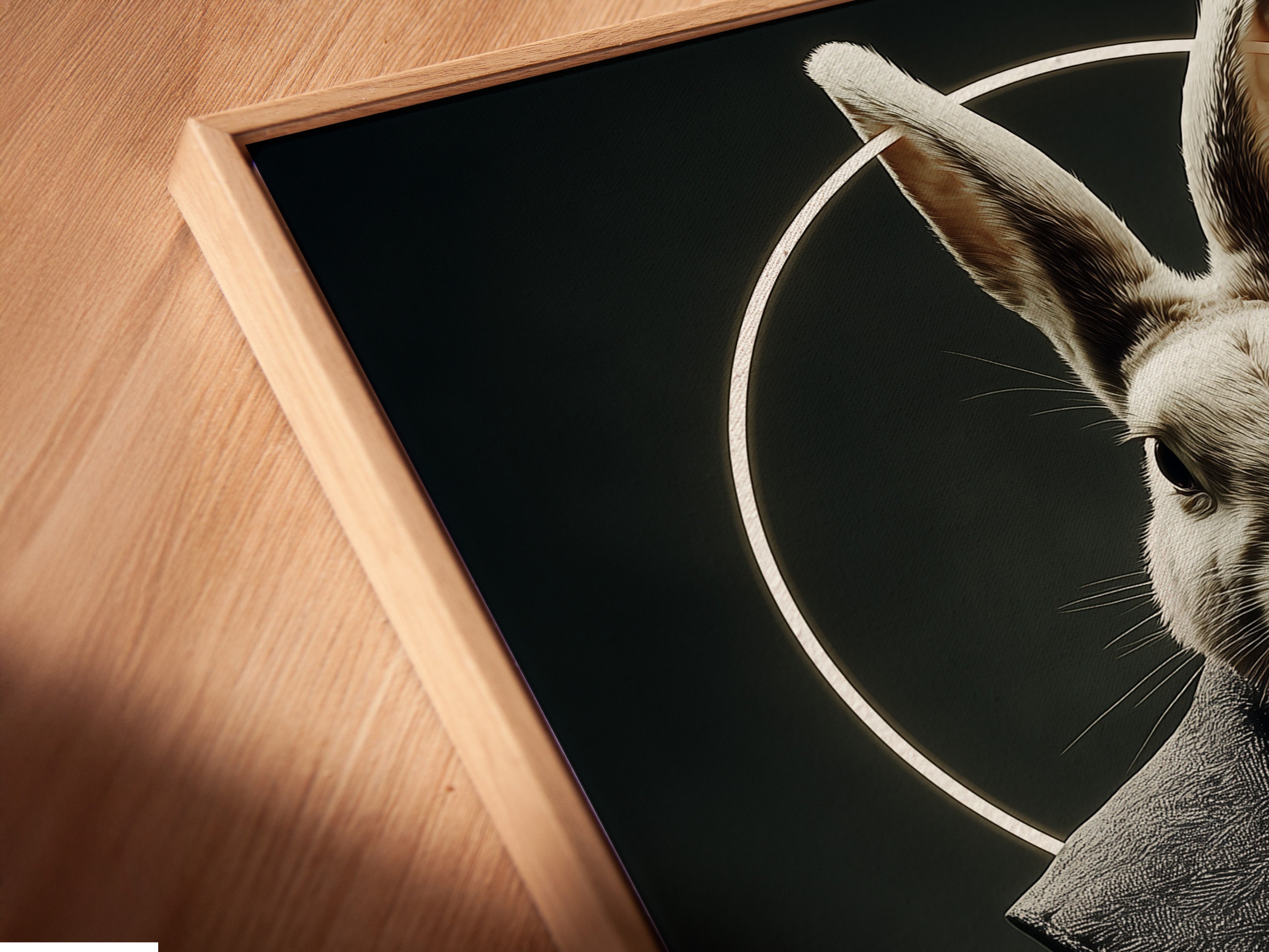 A close-up angled view showcases a canvas print of the rabbit monk in a floating frame. The floating frame enhances the artwork's depth. It gives a gallery-like appearance. This gothic religious art is perfect for office decor. Add a touch of dark academia to your walls.