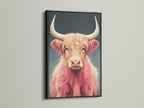 Black frame gallery featuring pink Highland Cow artwork. This animal portrait stands out. The farmhouse wall art complements rustic decor. The highland cattle print adds a modern touch to any room.