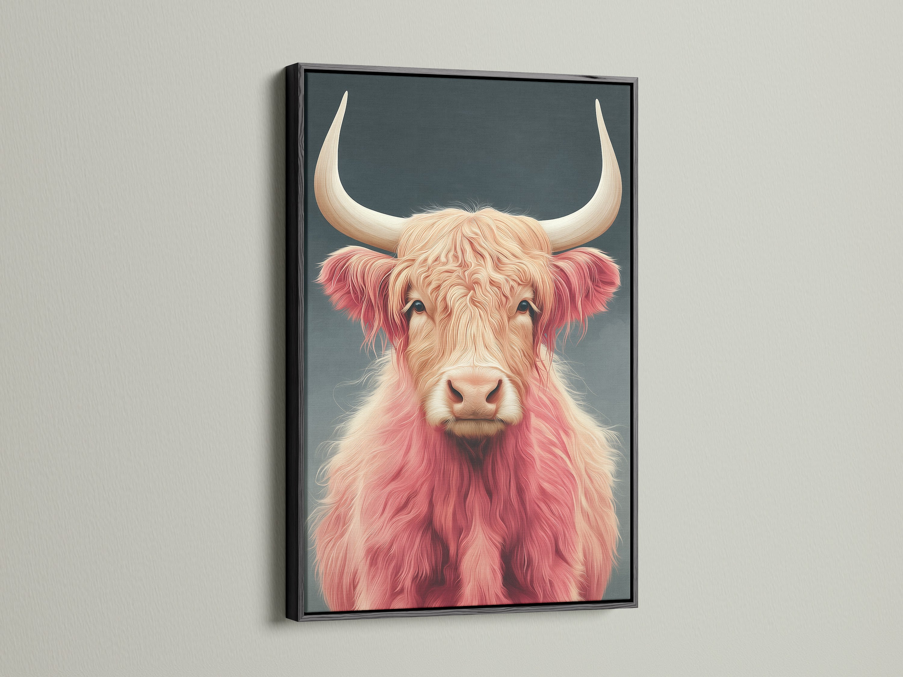 Black frame gallery featuring pink Highland Cow artwork. This animal portrait stands out. The farmhouse wall art complements rustic decor. The highland cattle print adds a modern touch to any room.