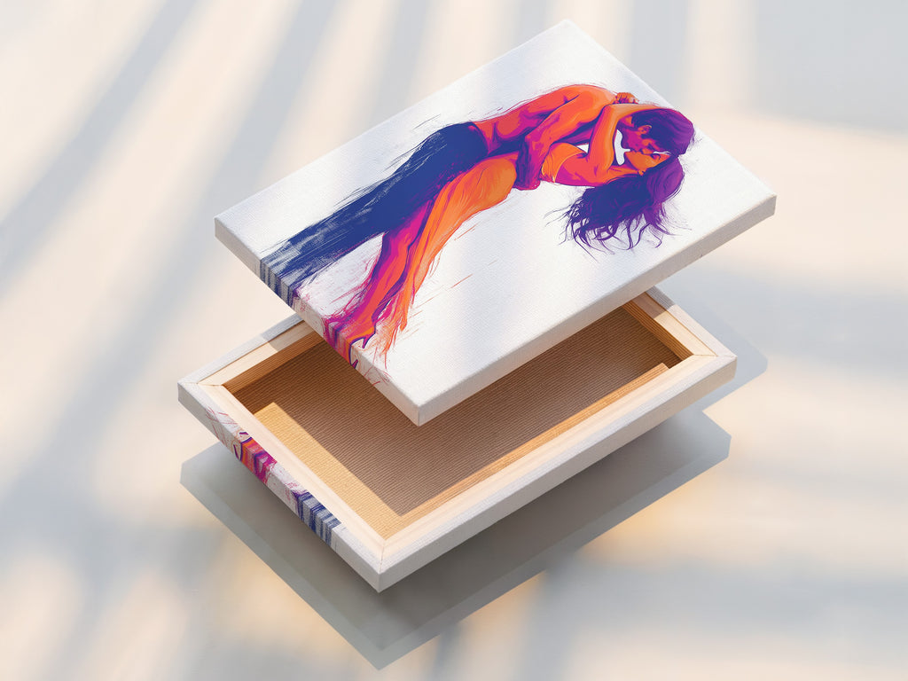 A stretched canvas print of the Passionate Embrace artwork. The stretched canvas provides a gallery-ready look. This modern art print is perfect for any space. The couple art is ready to hang and enjoy in your home. 