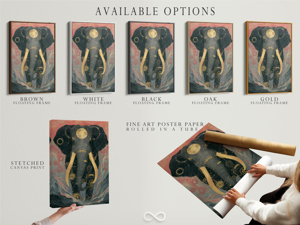 Explore available options for the steampunk elephant artwork. Choose between a stretched canvas print fine art poster paper or a floating frame. Mechanical animal art to suit your needs. Get yours now.
