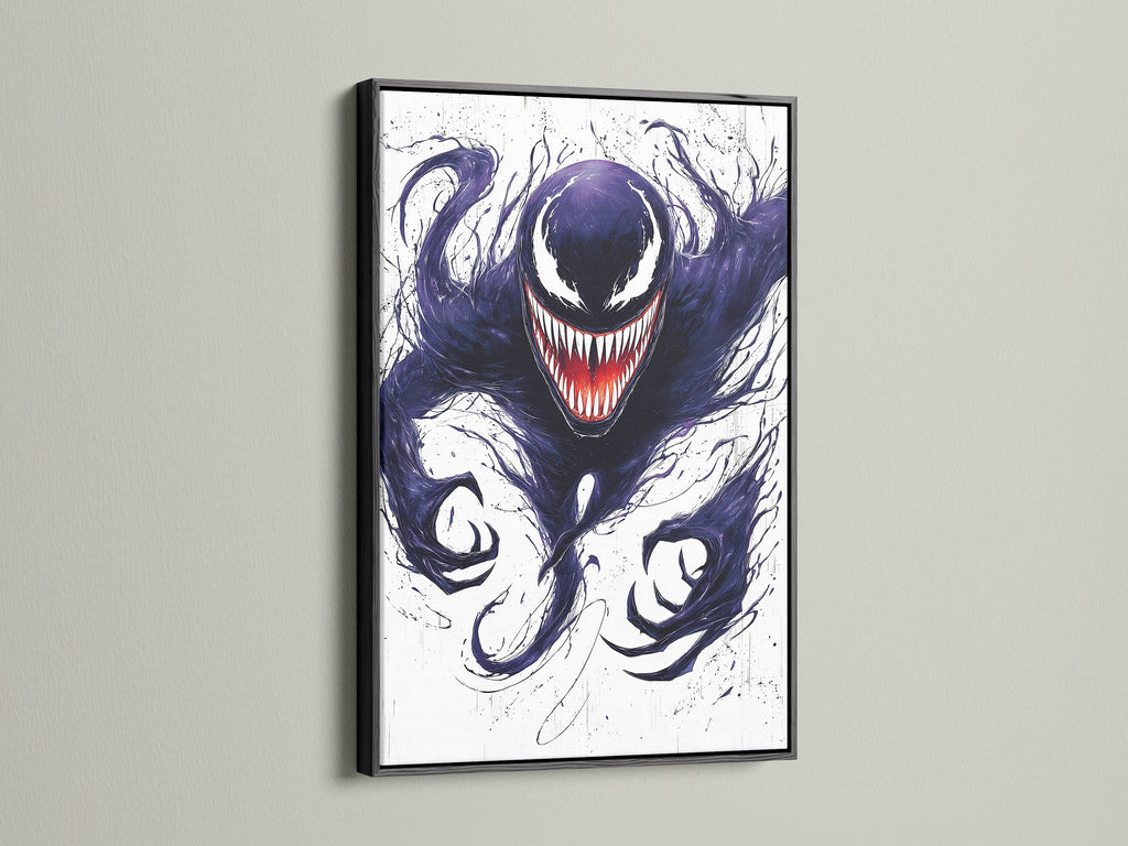 A black frame surrounds this villain artwork. The symbiote inspired poster is ideal for horror wall art. This dark fantasy art brings gothic decor to life. Perfect for comic book collectors and game room enthusiasts.