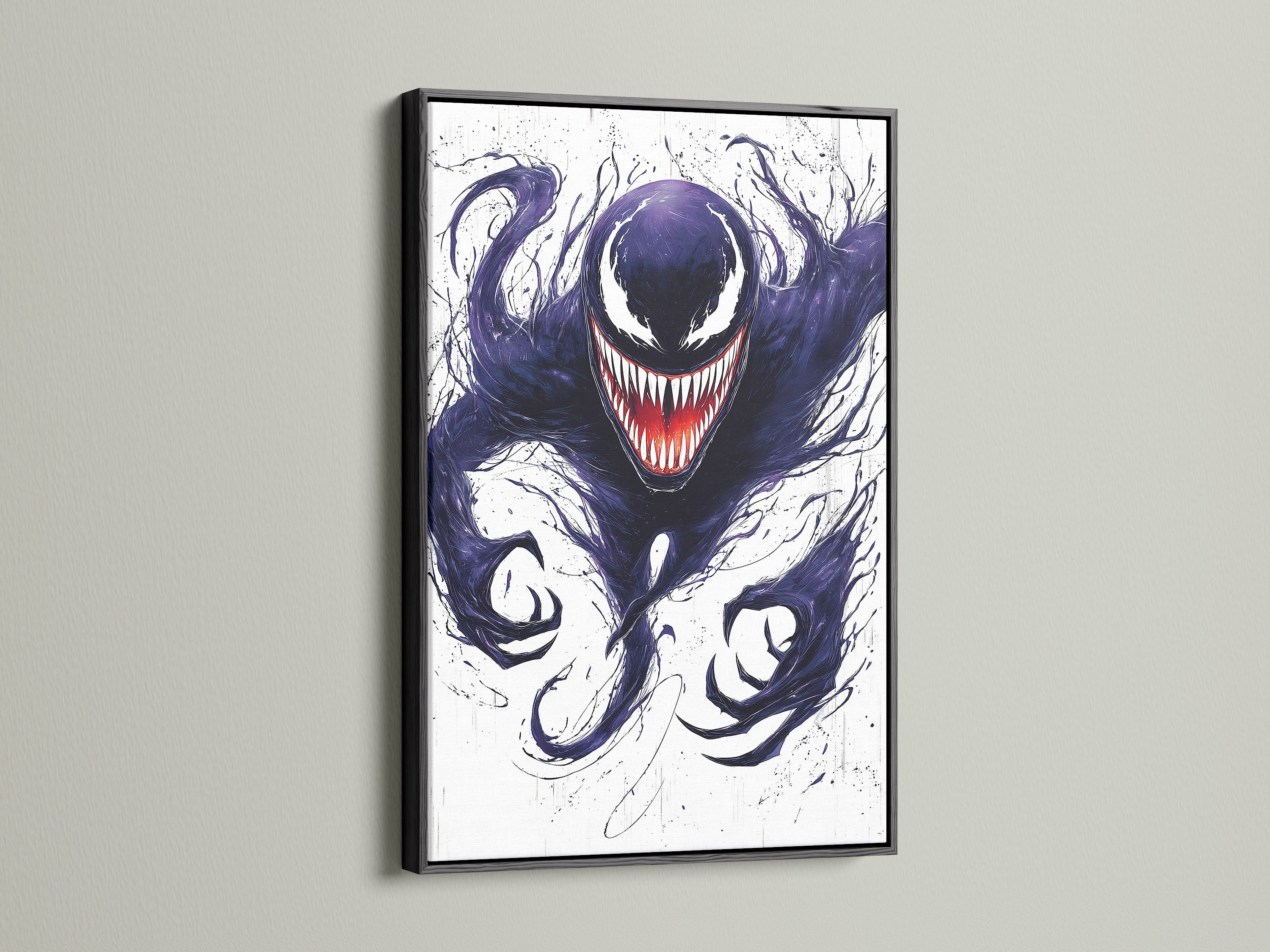 A black frame surrounds this villain artwork. The symbiote inspired poster is ideal for horror wall art. This dark fantasy art brings gothic decor to life. Perfect for comic book collectors and game room enthusiasts.