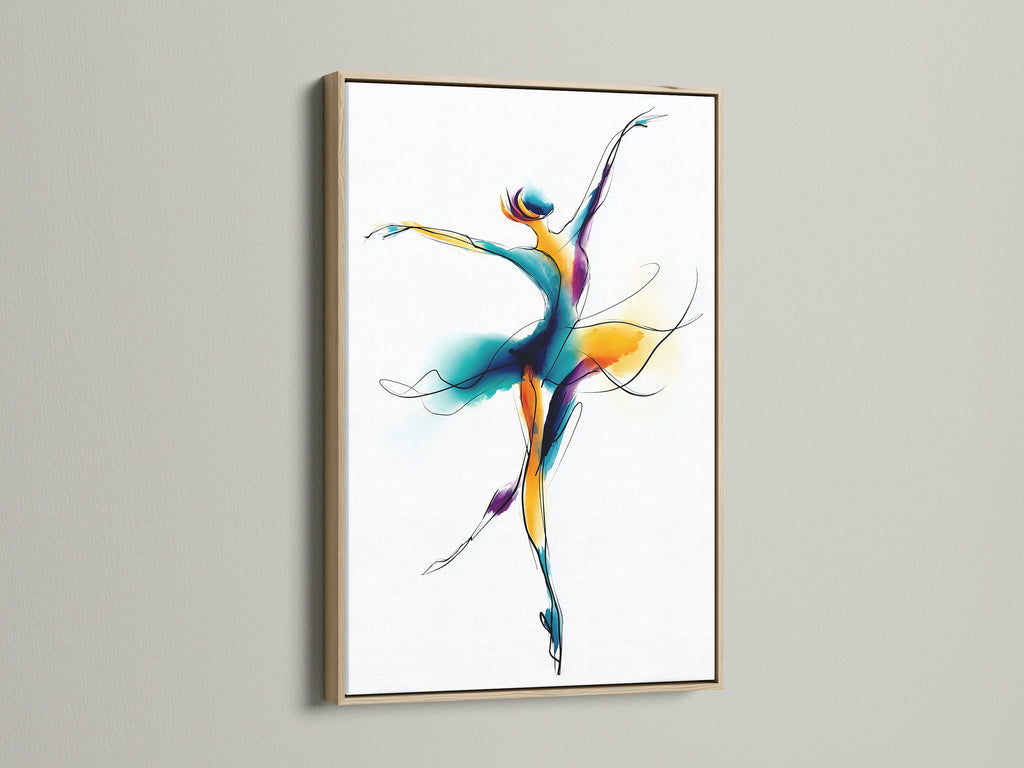 Framed ballet dancer artwork with an oak frame.  This wall art features a watercolor dance illustration.  Perfect contemporary movement artwork for a dance studio. The primary color is blue. The secondary color is gold. This is a fluid art print.
