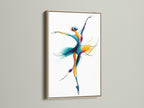 Framed ballet dancer artwork with an oak frame.  This wall art features a watercolor dance illustration.  Perfect contemporary movement artwork for a dance studio. The primary color is blue. The secondary color is gold. This is a fluid art print.