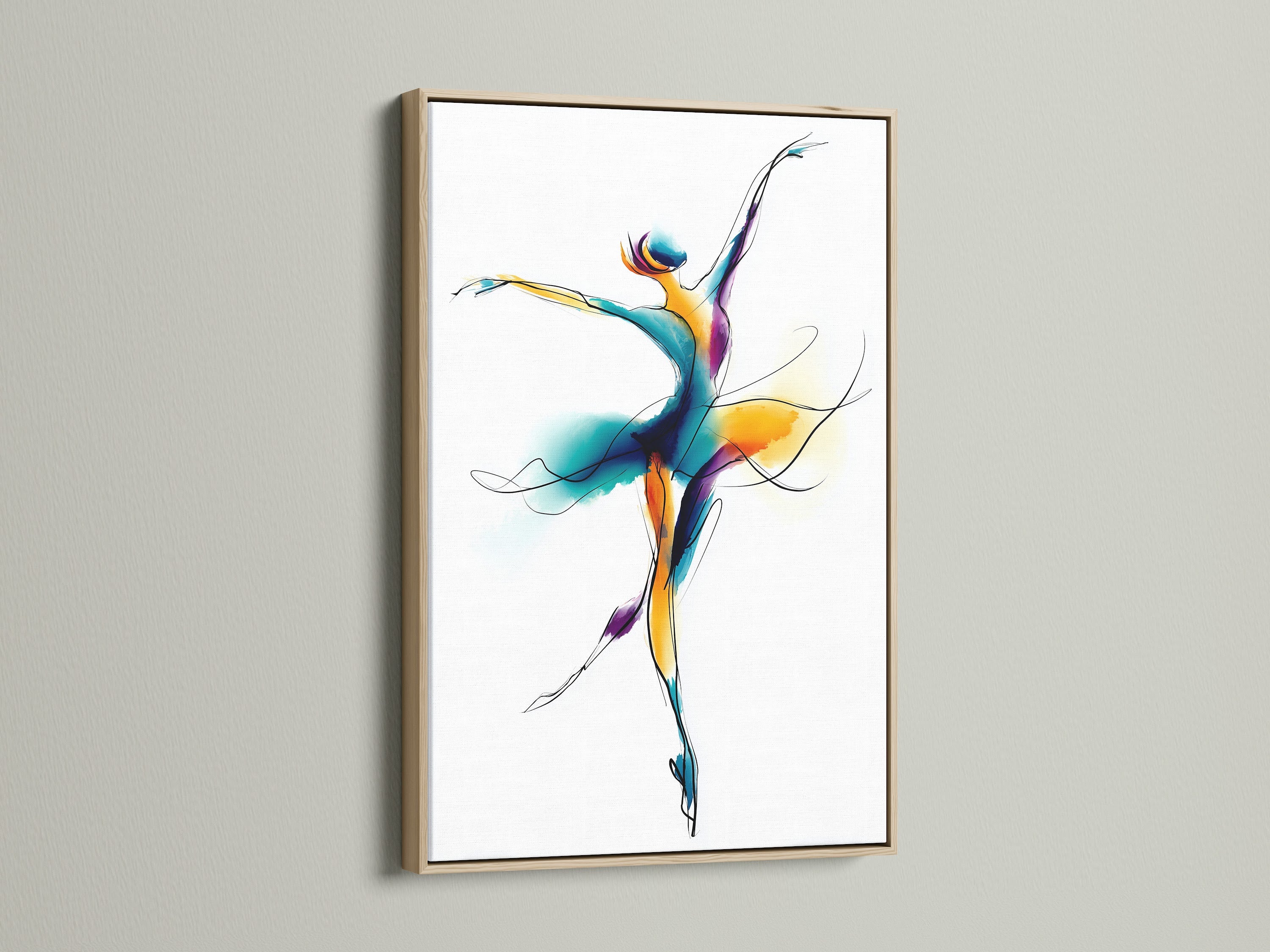 Framed ballet dancer artwork with an oak frame.  This wall art features a watercolor dance illustration.  Perfect contemporary movement artwork for a dance studio. The primary color is blue. The secondary color is gold. This is a fluid art print.