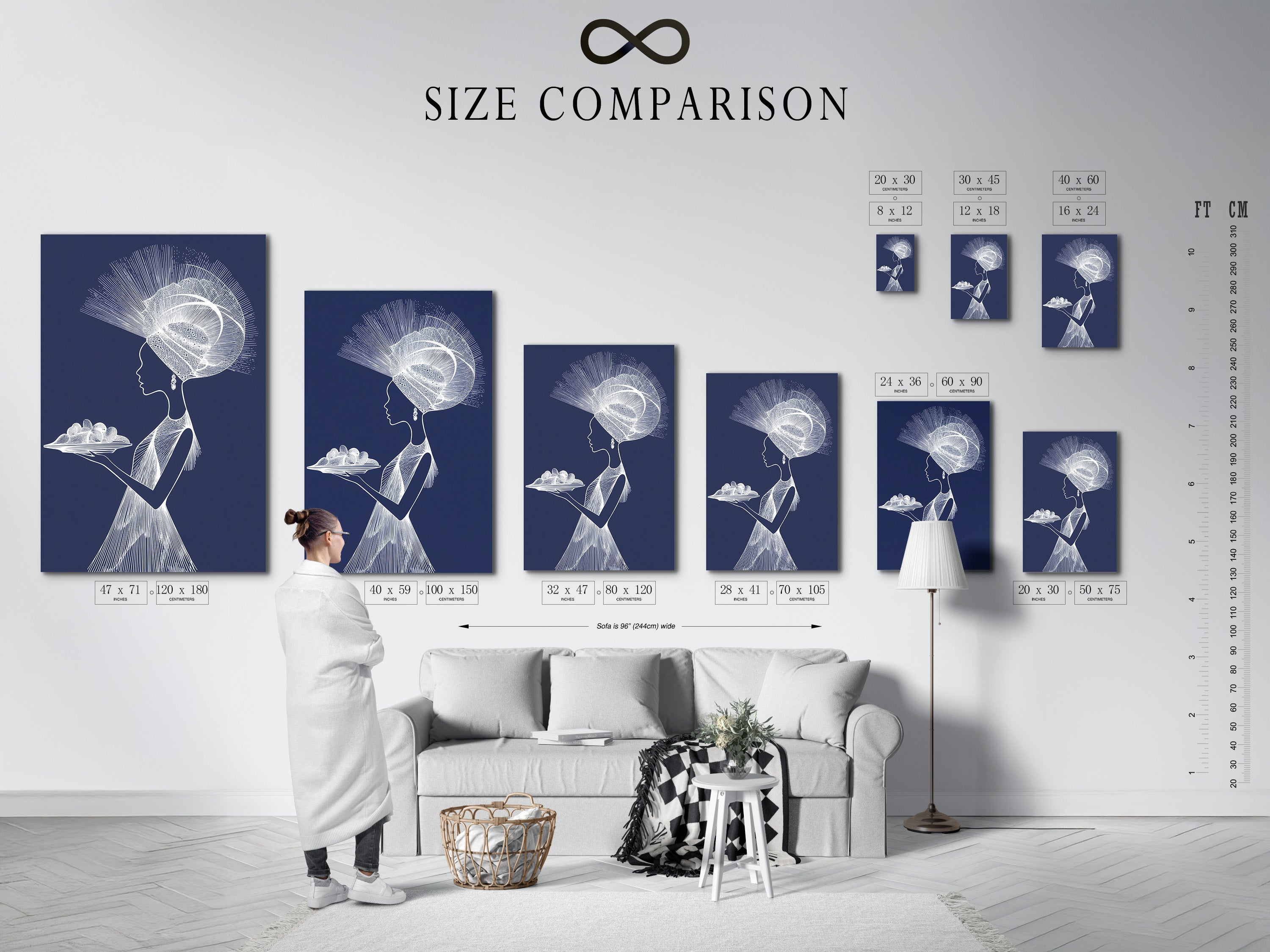 A size comparison chart is displayed in an interior setting. The chart helps visualize artwork dimensions. The chart showcases how different sizes fit in a room. This guide assists in making informed art purchases. The interior setting provides context for size selection.
