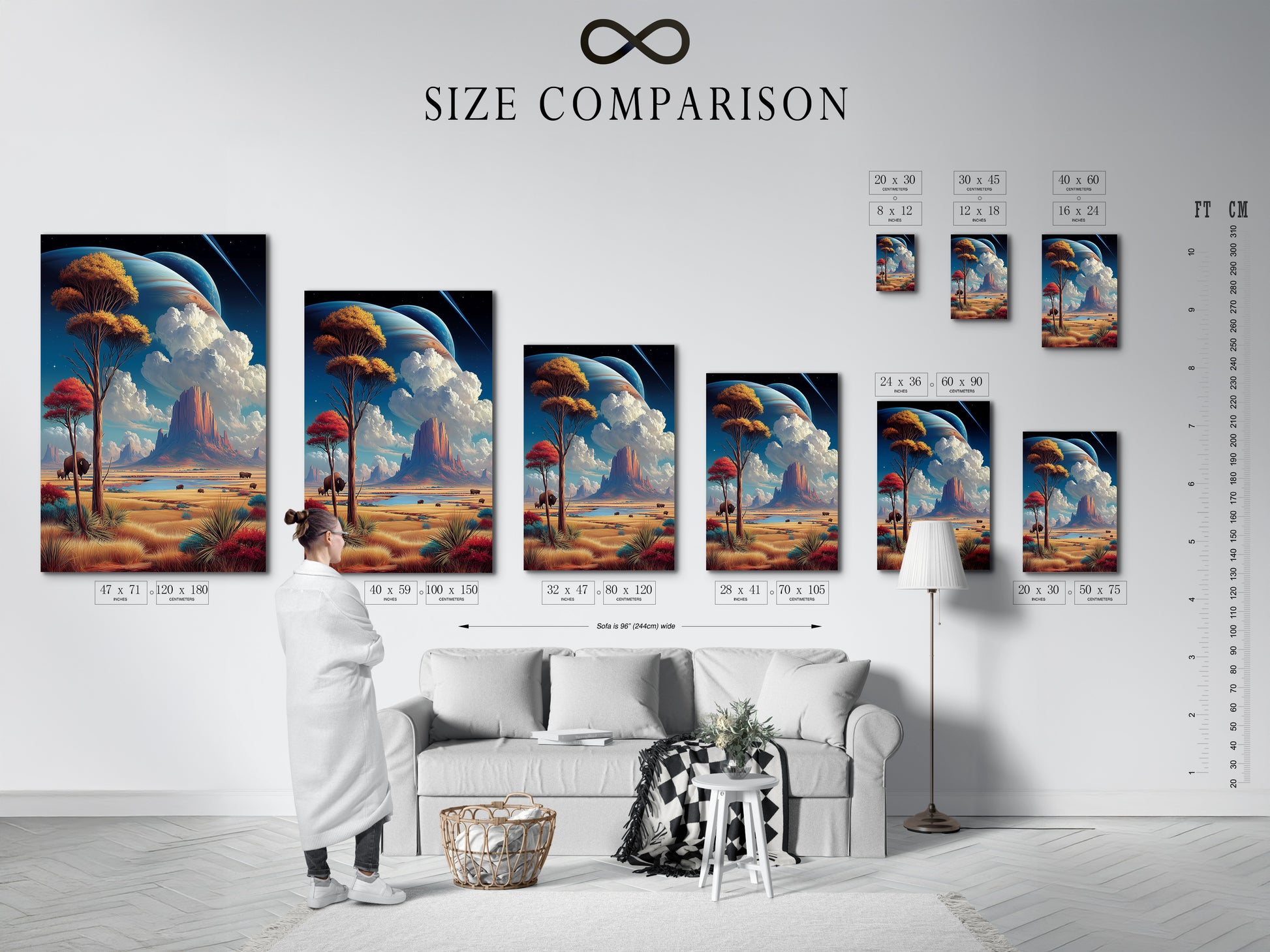 Size comparison chart displayed in an interior setting. See how this bison landscape artwork fits various spaces. Southwestern art featuring Monument Valley is available in multiple sizes. Find the perfect dimensions to complement your home or office decor.