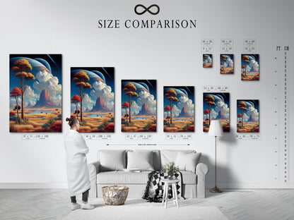 Size comparison chart displayed in an interior setting. See how this bison landscape artwork fits various spaces. Southwestern art featuring Monument Valley is available in multiple sizes. Find the perfect dimensions to complement your home or office decor.