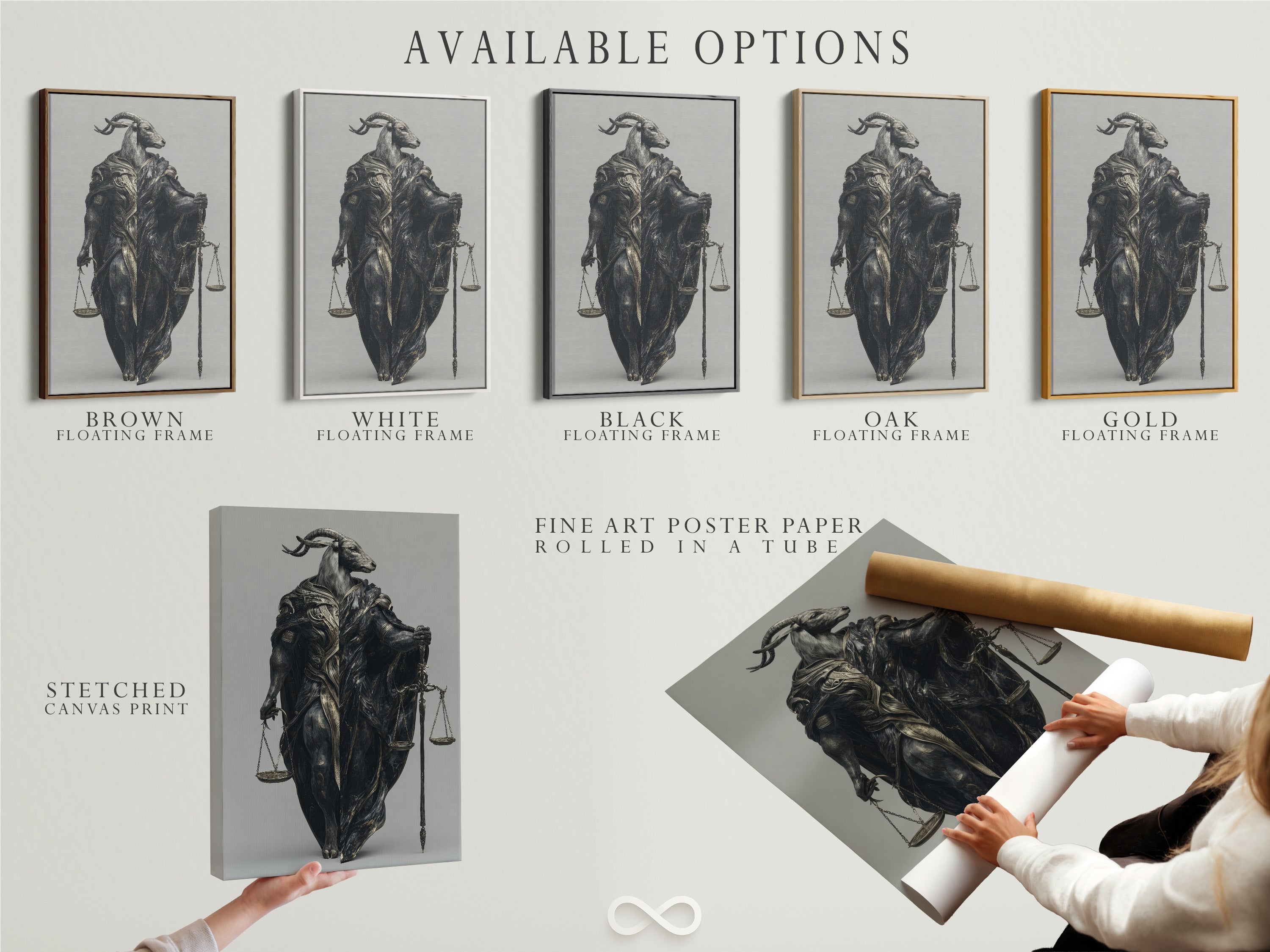 Available options for the Justice Scales Goat artwork. Options include a stretched canvas print fine art poster paper and floating frame. Select the perfect format to suit your legal office or study room decor needs.